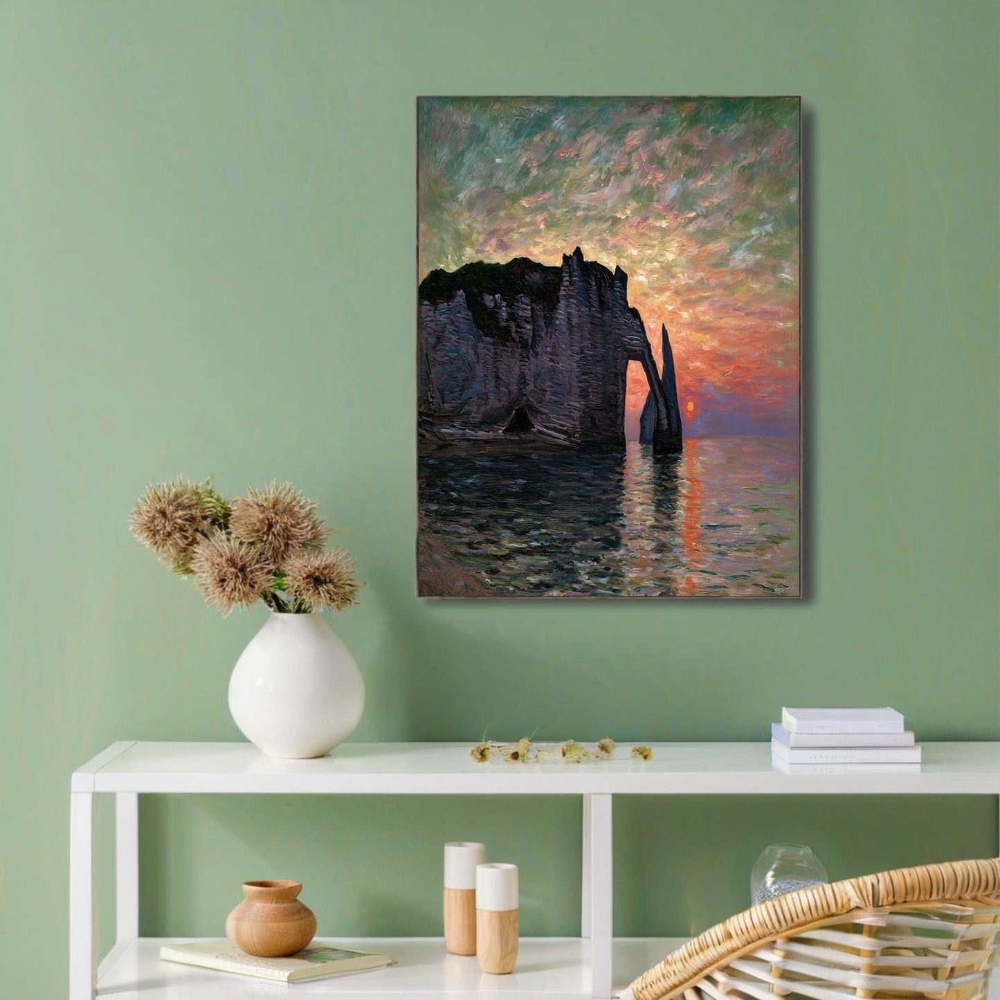 GDJSMIN Etretat Rock Arch Wall Art, Orange Sun Poster for Reading Room Living Room Decor 12x 16 inch Unframed