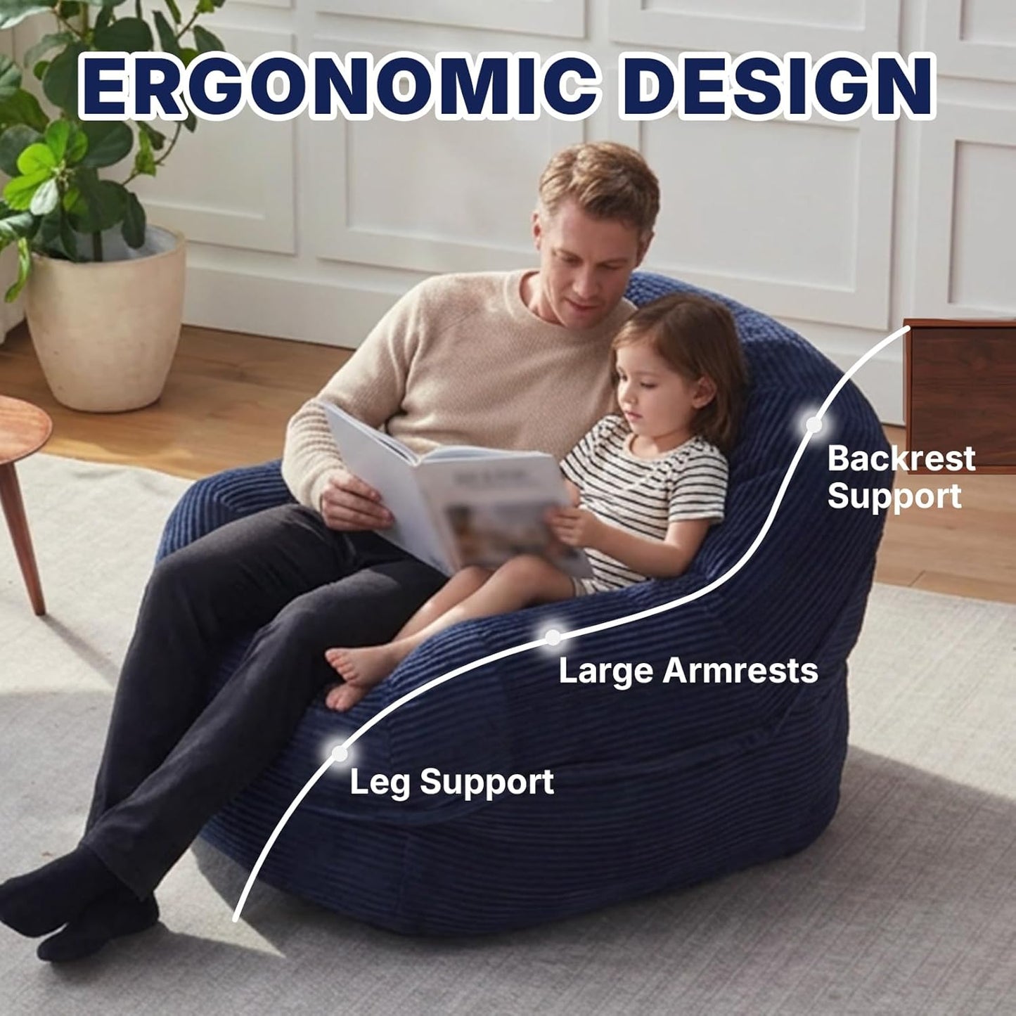 Giant Bean Bag Chair for Adults and Teens, Corduroy Large Bean Bag Chairs with Armrests, Adult BeanBag Sofa Couch Chairs with Filler, Comfy Reading Chair Floor Sofa for Gaming, Napping