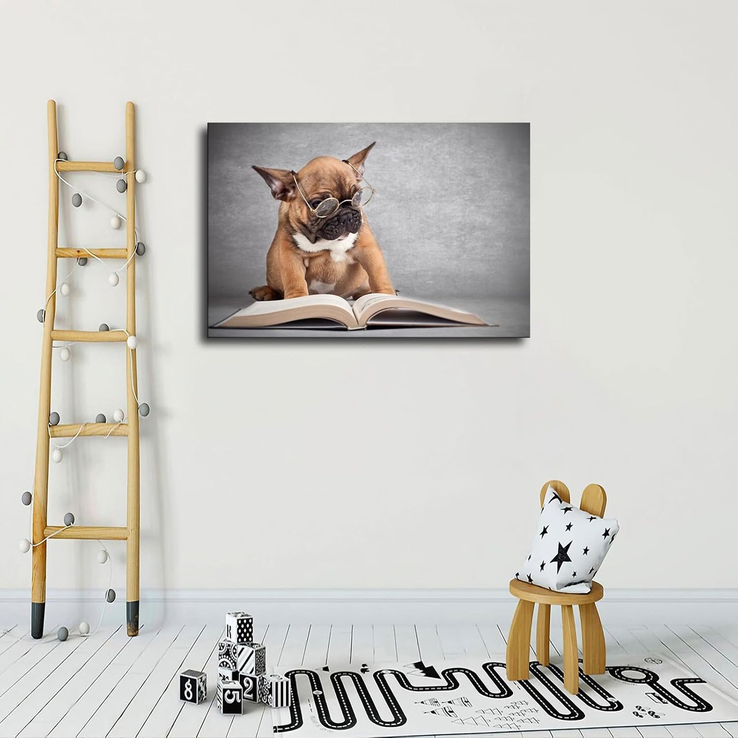 Bulldog Dog Reading Book Cute Puppy Animal Poster Decorative Painting Print Modern Home Bedroom Living Room Decoration Canvas Wall Art Aesthetic (12×18inch_Framed)