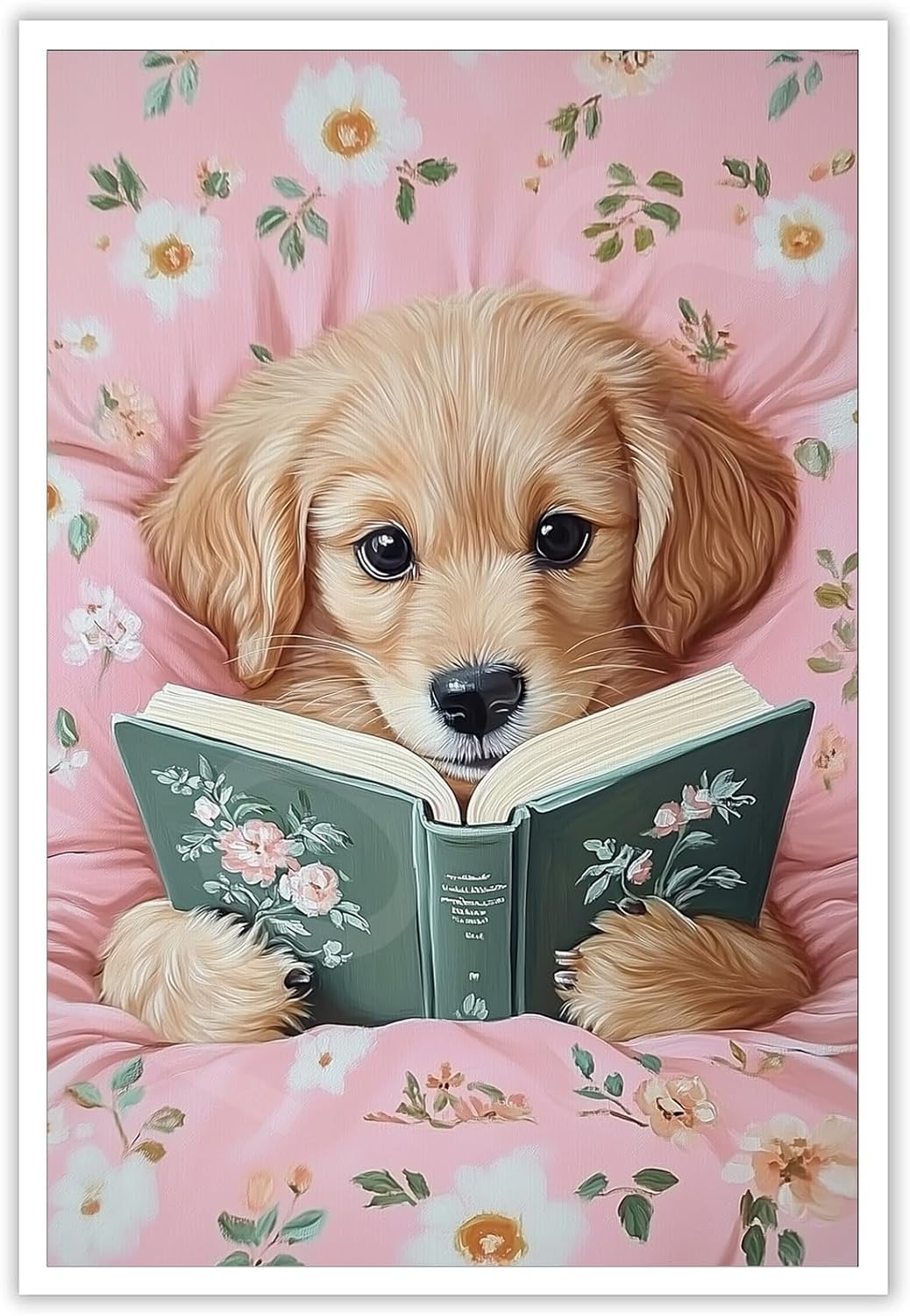 Cute Dog Reading In Bed Canvas Wall Art Trendy Funny Animal Poster Funky Minimalist Pink Room Flower Pet Aesthetic Prints Painting For Home Bedroom Kids Room Dorm Wall Decor 8x12in Unframed