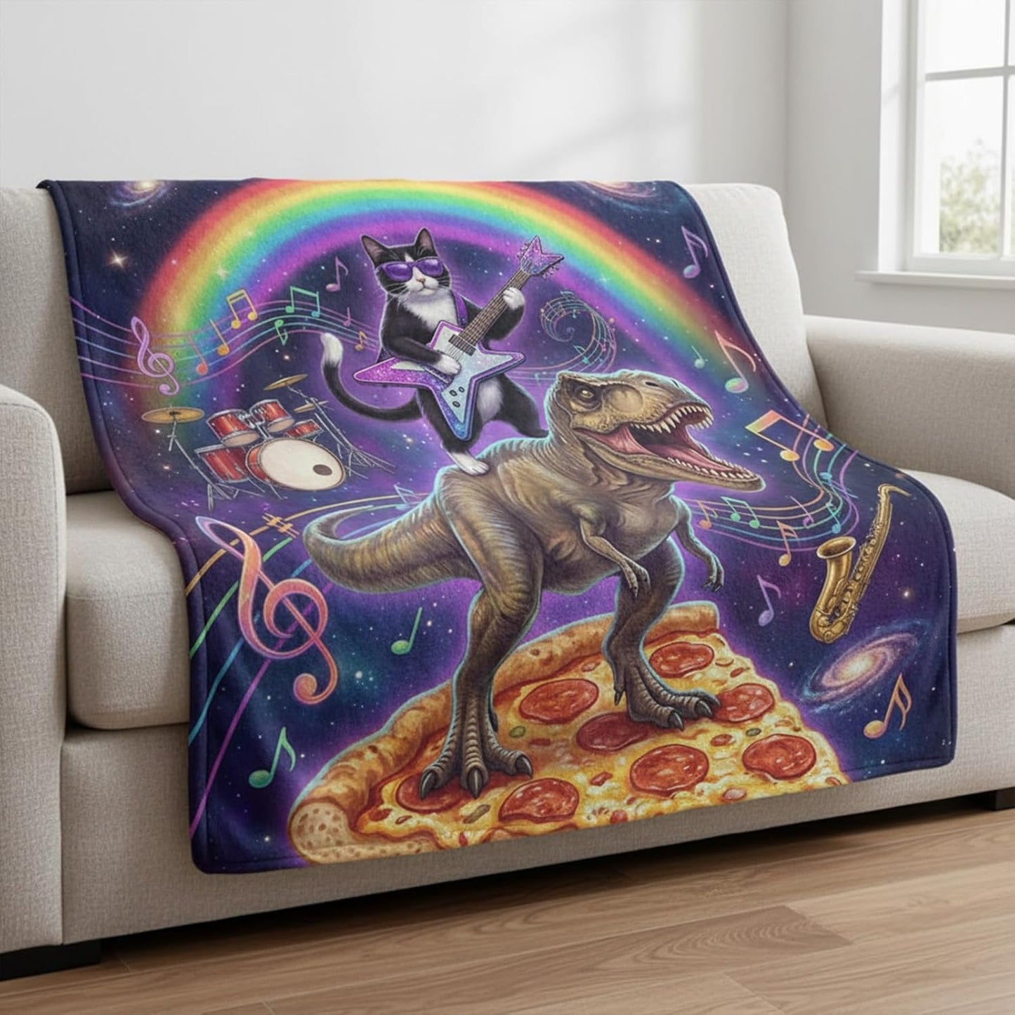 Funny Rock Cat Throw Blanket, Music Cat Pizza Dinosaur Musical Galaxy Soft Cozy Flannel Blanket for Music Lovers, 50×60 inch