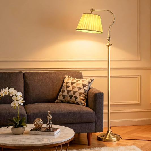 Gold Brass Floor Lamp with Fabric Shade,12W Smart Remote and Bluetooth Dimmable, Standing Lamps for Living Room Bedroom Farmhouse Office,Mid Century Rustic Vintage Antique Boho Tall Reading Light