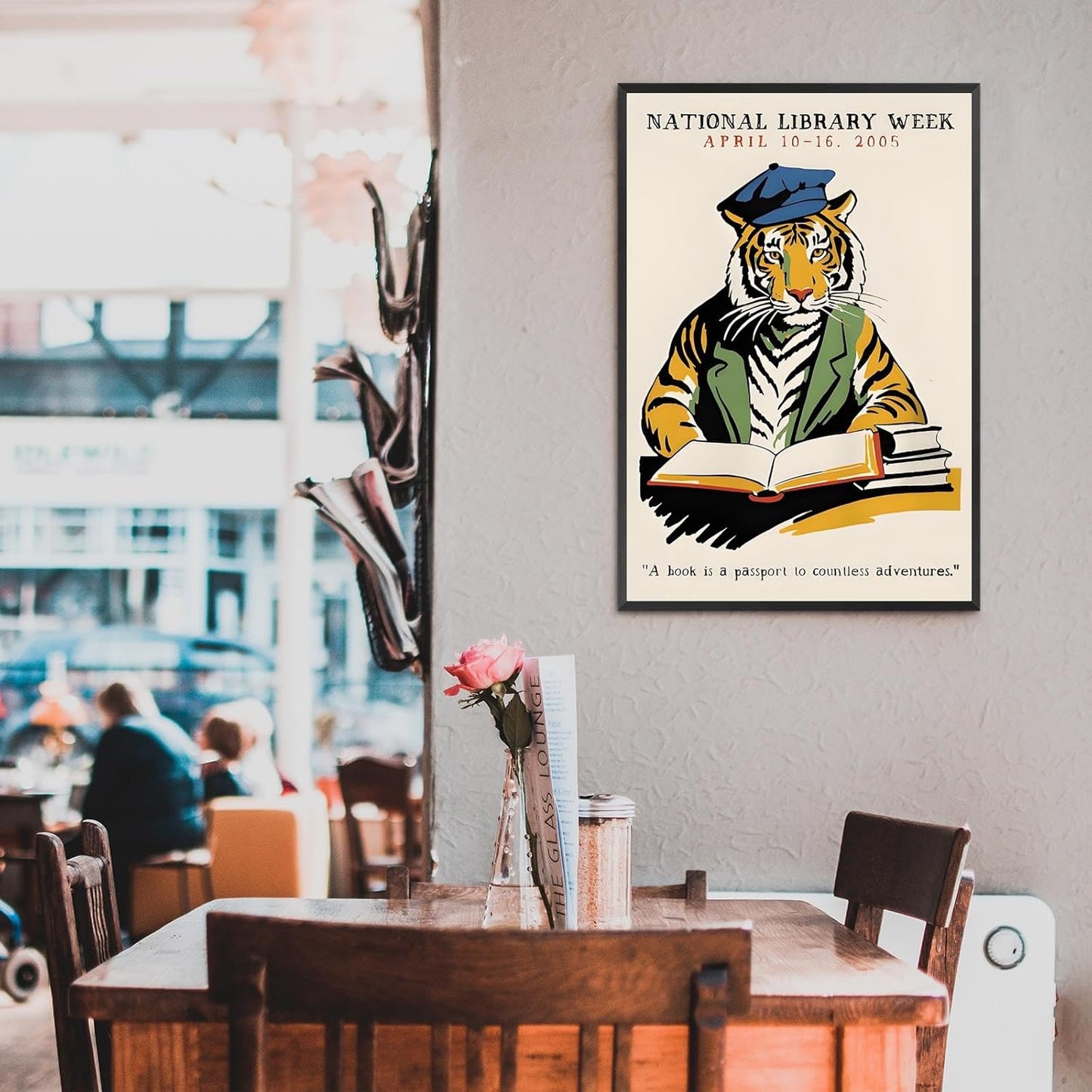 Retro Tiger Reading Books Canvas Posters Trendy 1998 National Library Week Wall Art Animal Book Lover Prints Painting For Living Room Bedroom Library Wall Decor 12x16in Unframed