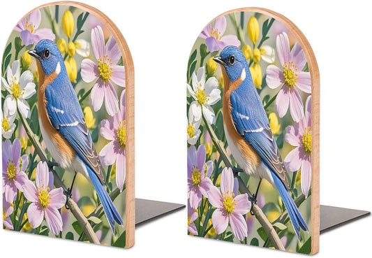 Bluebird and Flowers Bookends 1 Pair Heavy Duty Book Ends for Shelves Non-Skid Bookend Supports Wooden Book Holders with Metal Base Desk Organizers Books Storage to Hold Books