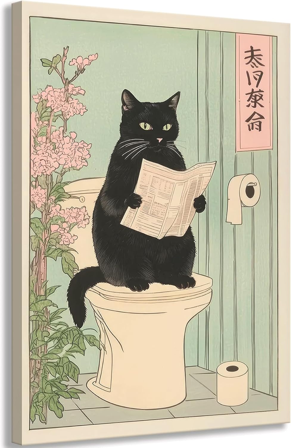 COYIKC Japanese black cat on toilet Canvas Wall Art Funny bathroom print Toilet poster Japanese Cat Wall Decor Pictures Aesthetic Minimalism Artwork Neutral Painting Home Decoration,12x16in