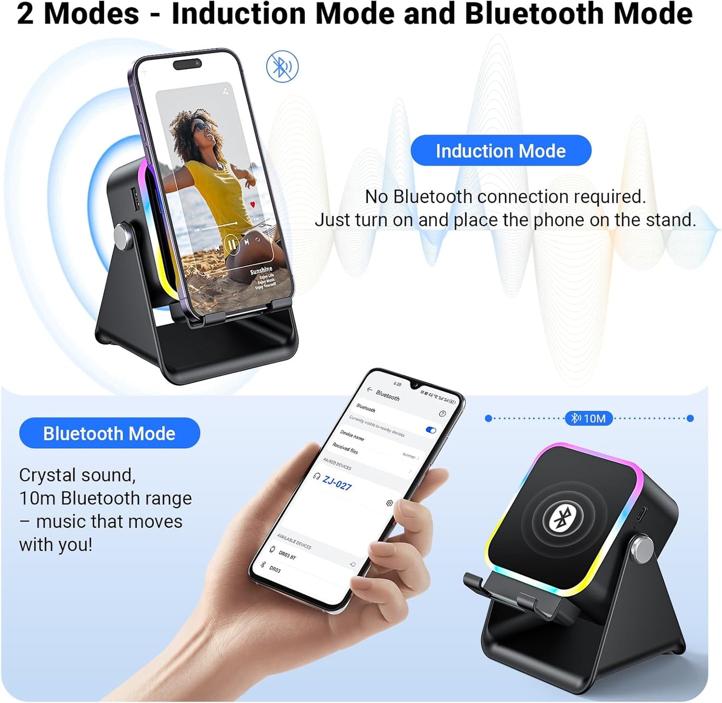Induction Speaker with Phone Stand 5 in 1 Wireless Induction Bluetooth Audio for iPhone Android Phone Speakers Amplifier with Rechargeable Colorful Light, Birthday Gifts for Men Women Teens (Black)