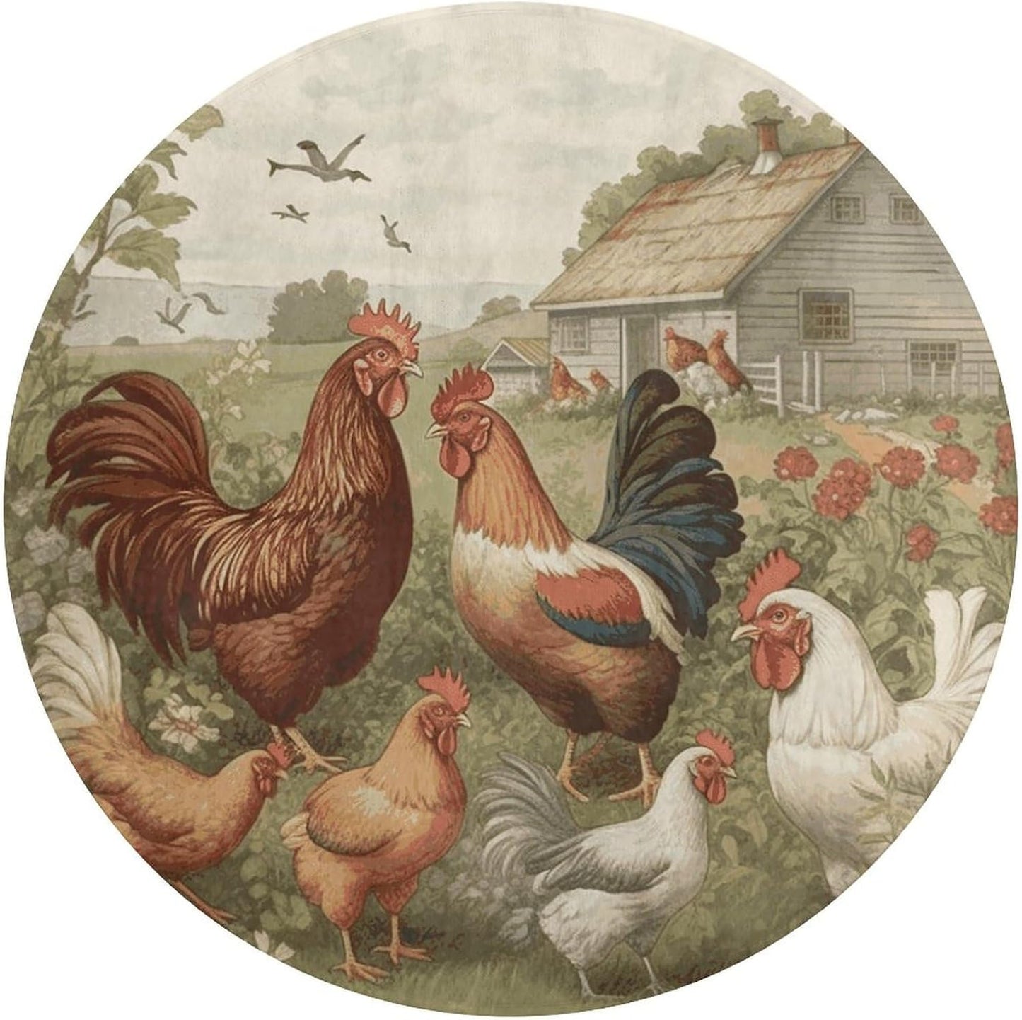 Chickens and Farm Circle Rug Retro Luxury Coral Velvet Floor Mat Non Slip Soft Indoor Floor Carpet Comfy Thickened Area Rugs Modern Aesthetic Minimalist Carpets for Home Decor