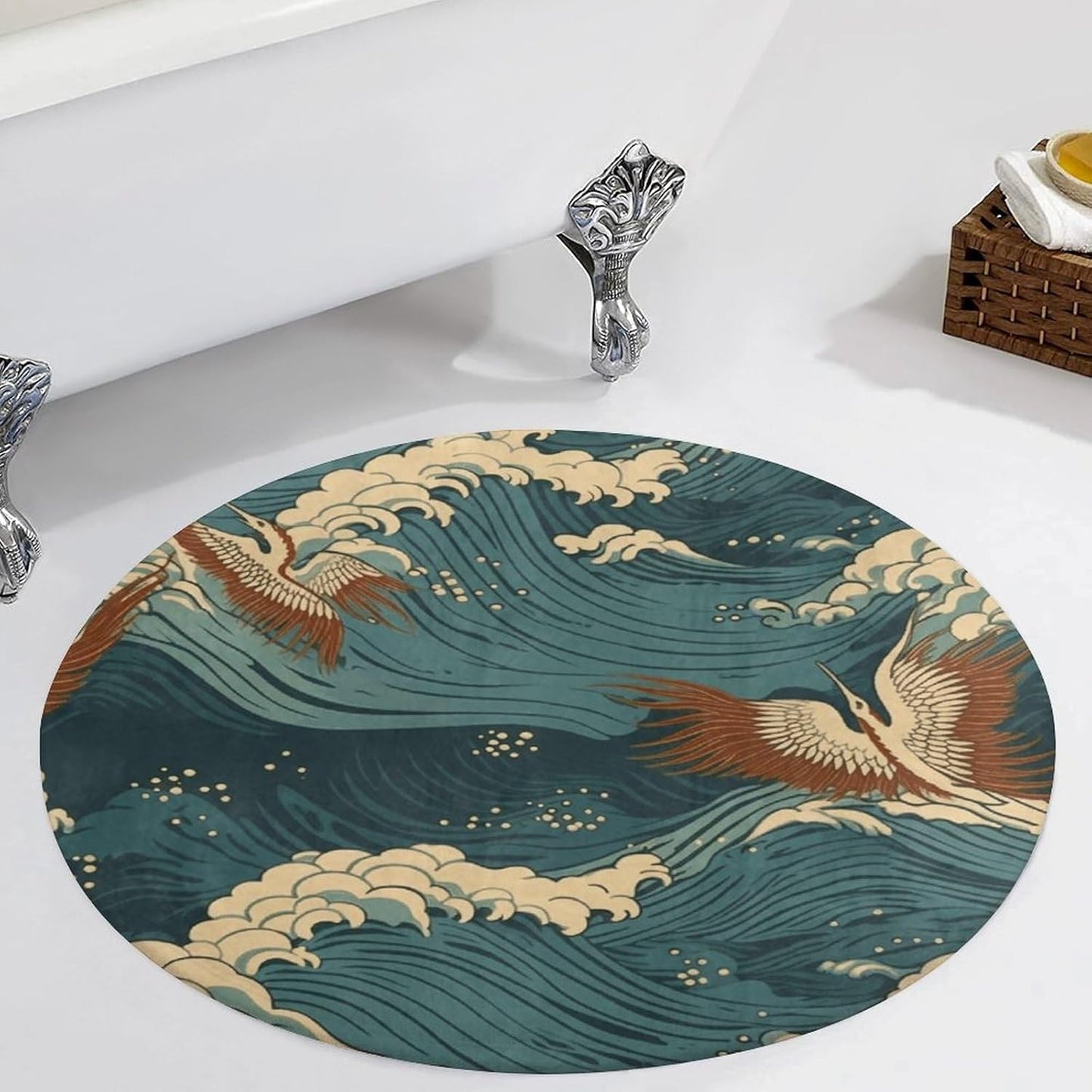 Japan Wave Wallpapers Circle Rug Retro Luxury Coral Velvet Floor Mat Non Slip Soft Indoor Floor Carpet Comfy Thickened Area Rugs Modern Aesthetic Minimalist Carpets for Home Decor
