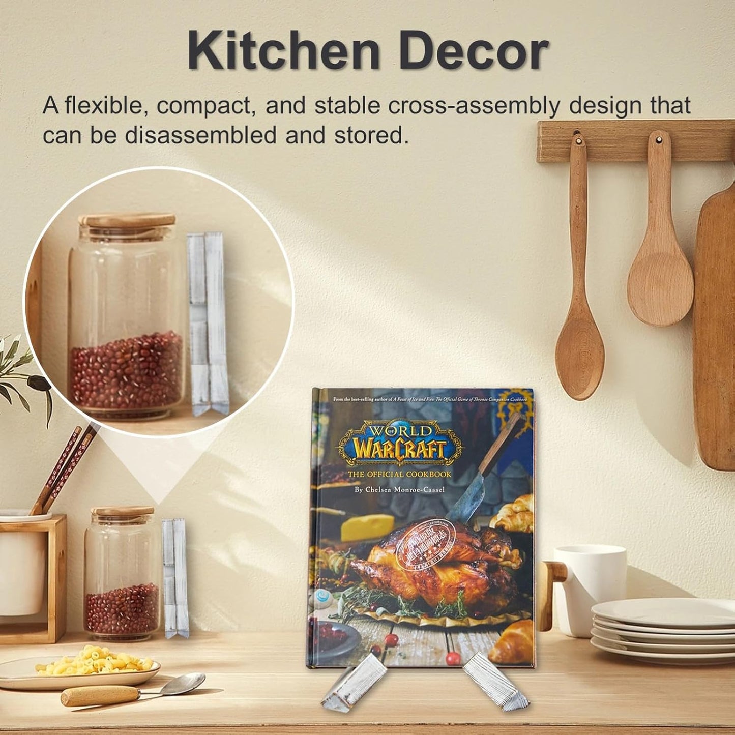 Cross Design Cookbook Stand - Beautiful Wood Texture, Stable Structure - Wooden Recipe Book Holder- Multifunctional Display Stand, Kitchen Counter Decor - White