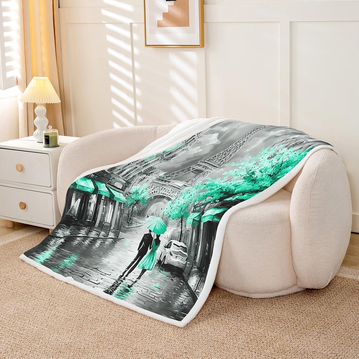 Erosebridal Eiffel Tower Blanket Throw 50x60 for Couple,Paris of France Throw Blanket,Romantic City Pattern,Watercolor Oil Painting Paris Decor,Mint Green Valentine Gifts
