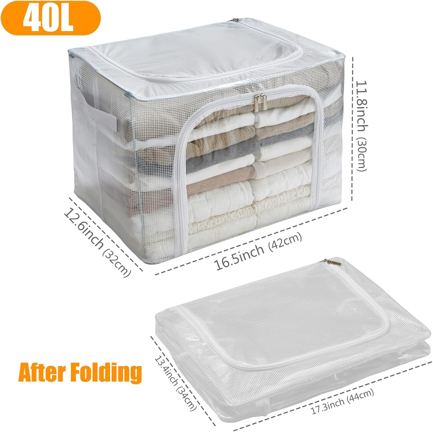 Clear Stackable Clothes Storage Bins with Metal Frame, Foldable Storage Box with Lid, Bedroom, Closet Organizers and Storage Container with Zippers & Durable Handles (Clear, 3 Pack)