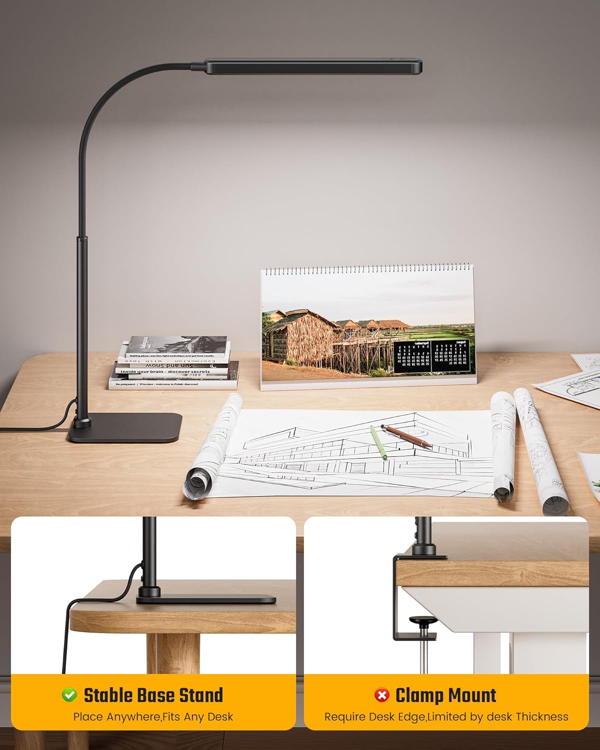 SUPERDANNY Eye-Caring LED Desk Lamp with Base 360° Flexible Gooseneck Work Lamp Touch Control 3 Light Colors Smooth Dimming Task Lighting Reading Light for Home Office College Dorm, Black