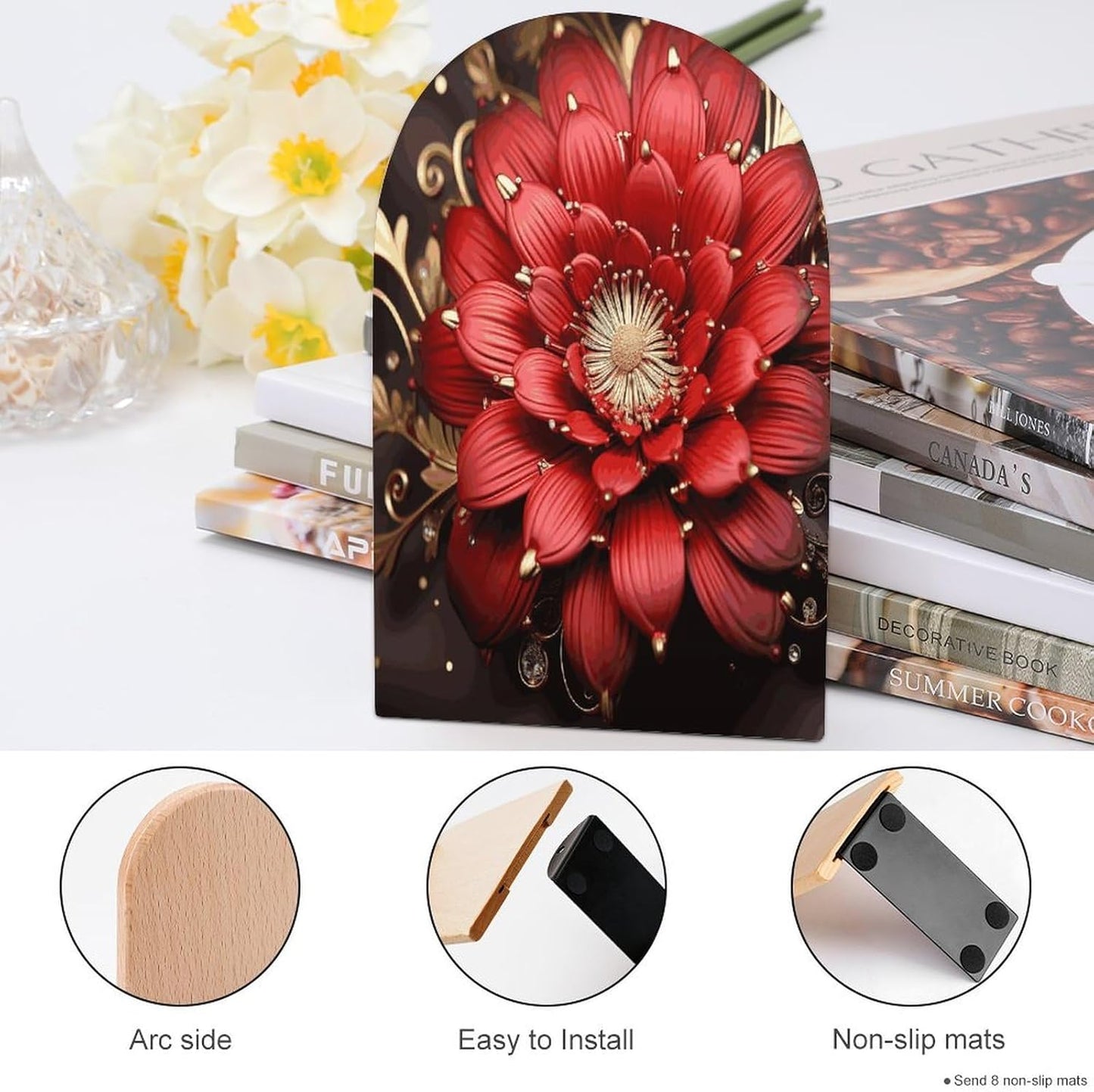 Red Gold Flower Bookend for Shelves Wooden Book End Large Size Sturdy Book Holders Stoppers with Metal Base for Bookshelves Slick Decorative Bookends Stands