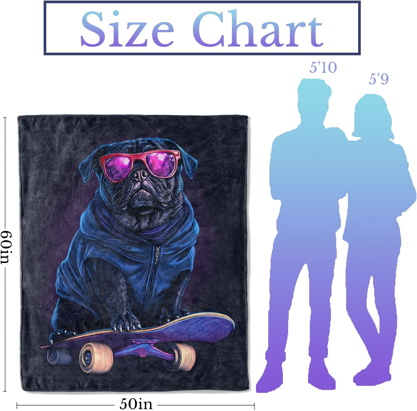 Cool Pug Skateboard Flannel Throw Blanket 50x60 Inch, Funny Urban Dog with Hoodie and Sunglass Blankets Soft Cozy Fleece Throws for Puppy Lover Bed Sofa Dorm Living Room Pet Home Decor Gifts