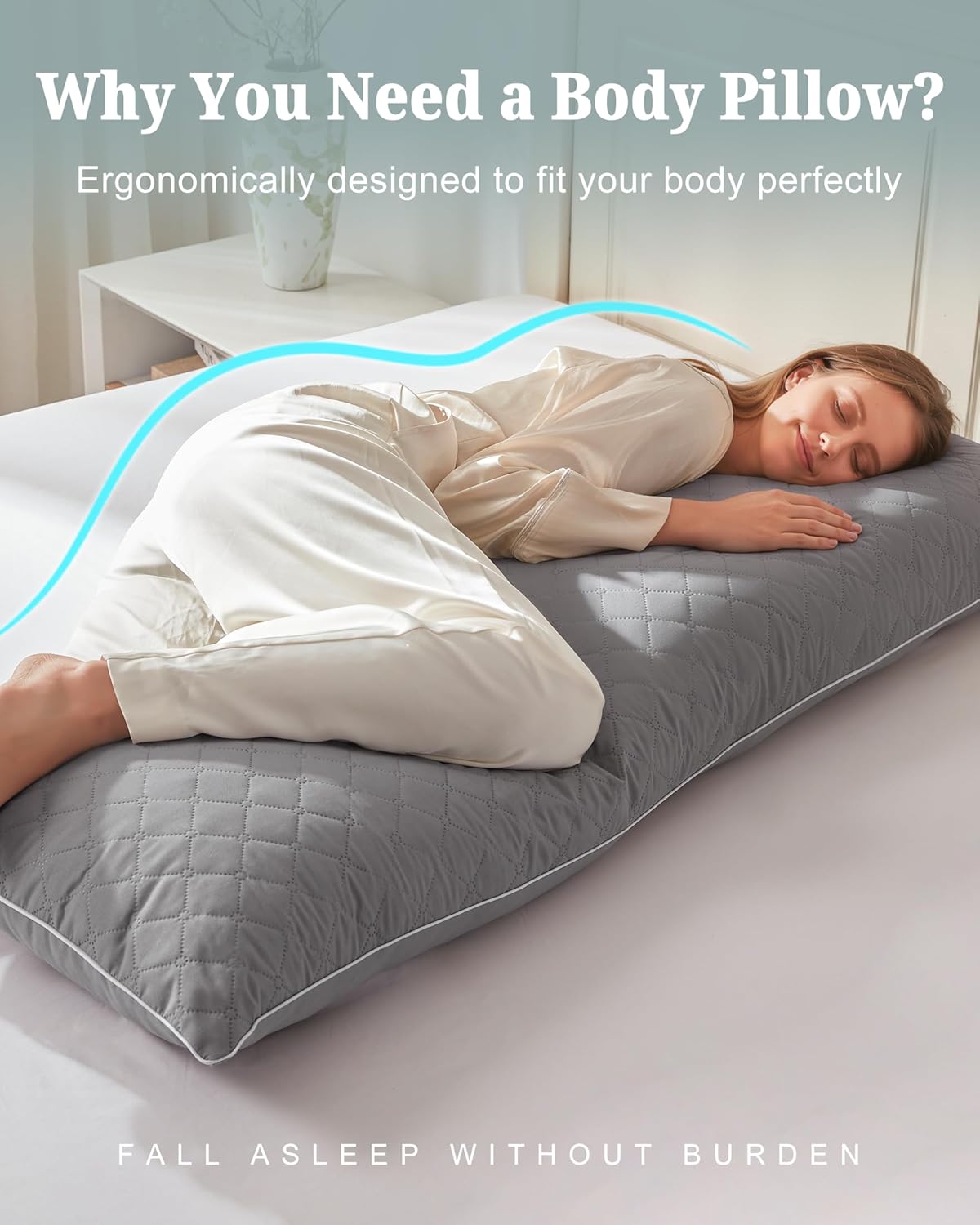 YZ HOME Long Body Pillow for Adults - Firm Body Pillow Insert with Shredded White Memory Foam, Adjustable Height, Soft Support for Side Sleeping, Pregnant Women, Washable (Grey, 20x54 Inch)