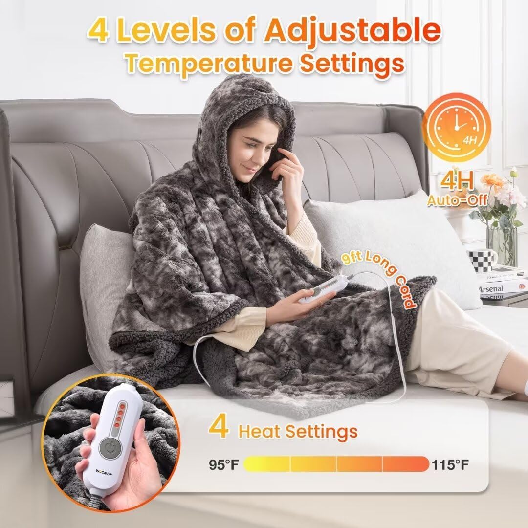WOOMER Wearable Heated Electric Blanket 50”×60“, Soft Faux Fur & Cozy Sherpa Heated Wrap Poncho with Hood and Pocket, 4 Heat Levels & 4H Auto Off, Gifts for Parents and Friends
