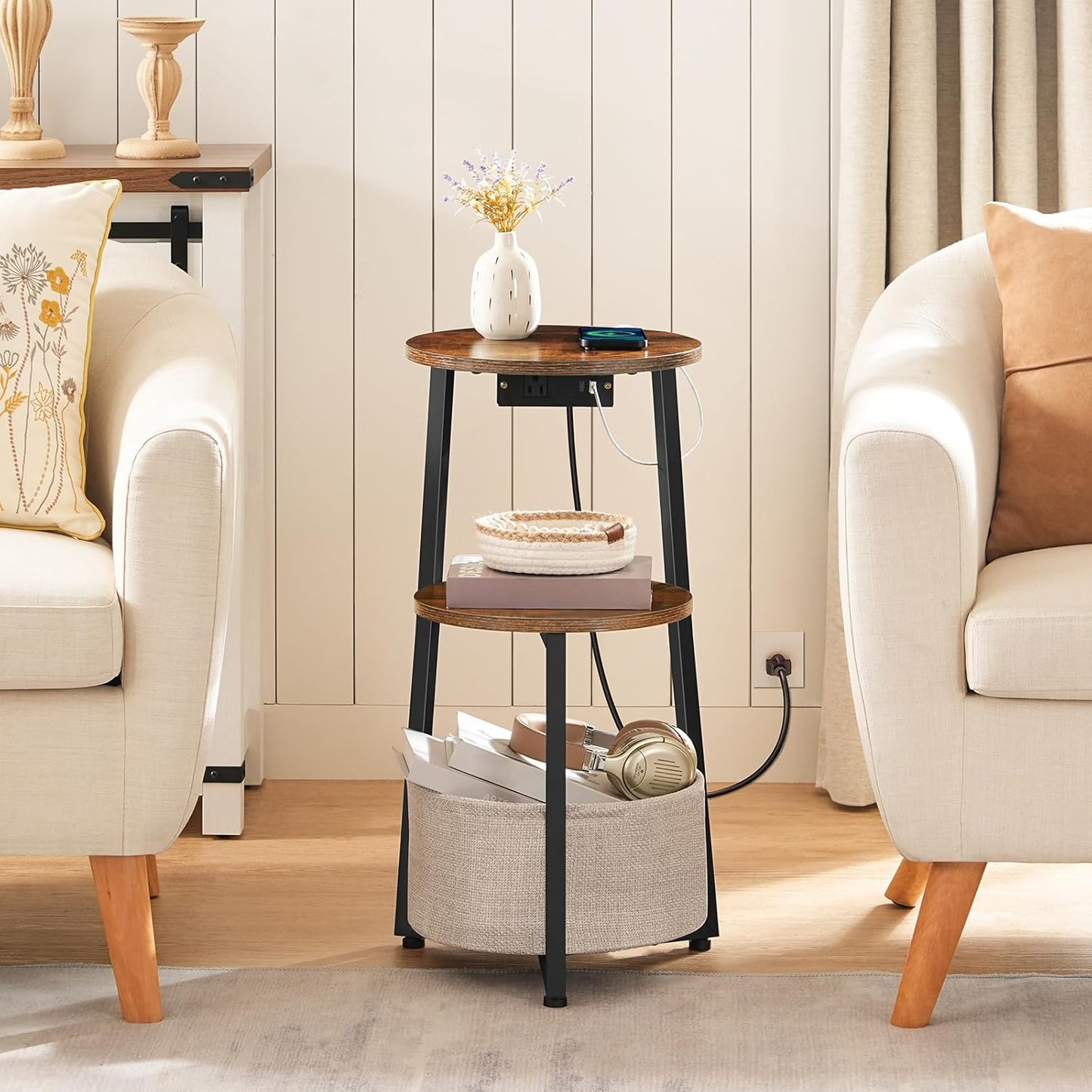 HOOBRO Small Round Side Table with Charging Station, Round End Table with Cotton Linen Storage Basket, Compact Sofa Side Table Nightstand for Small Space, Corner, Living Room, Rustic Brown BF169UBZ01
