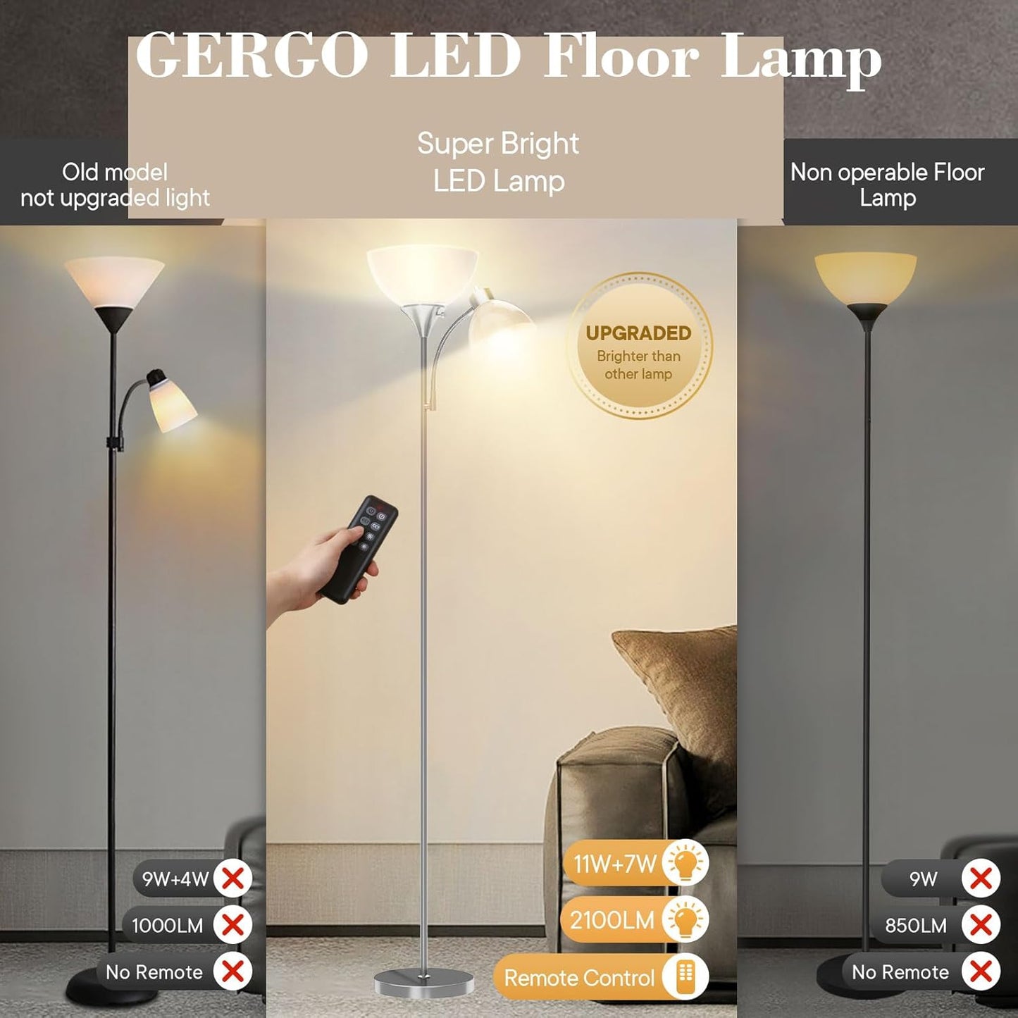 GERGO Floor Lamp, Remote Control with 4 Color Temperatures, LED Torchiere Floor Lamp with Adjustable Reading Lamp for Bedroom, Standing Lamps for Living Room, Bulb Included (Brushed Nickel)