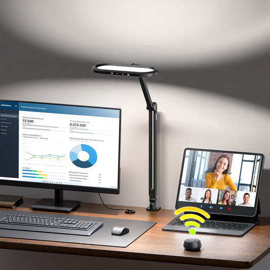 LED Desk Lamp for Home Office, Eye-Care Double-Sided Desk Light with Stepless Dimmable Knob Remote, Memory, Adjustable Arm Clip on Light for Video Recording, Zoom Call, Study, Flicker-Free, Glare-Free