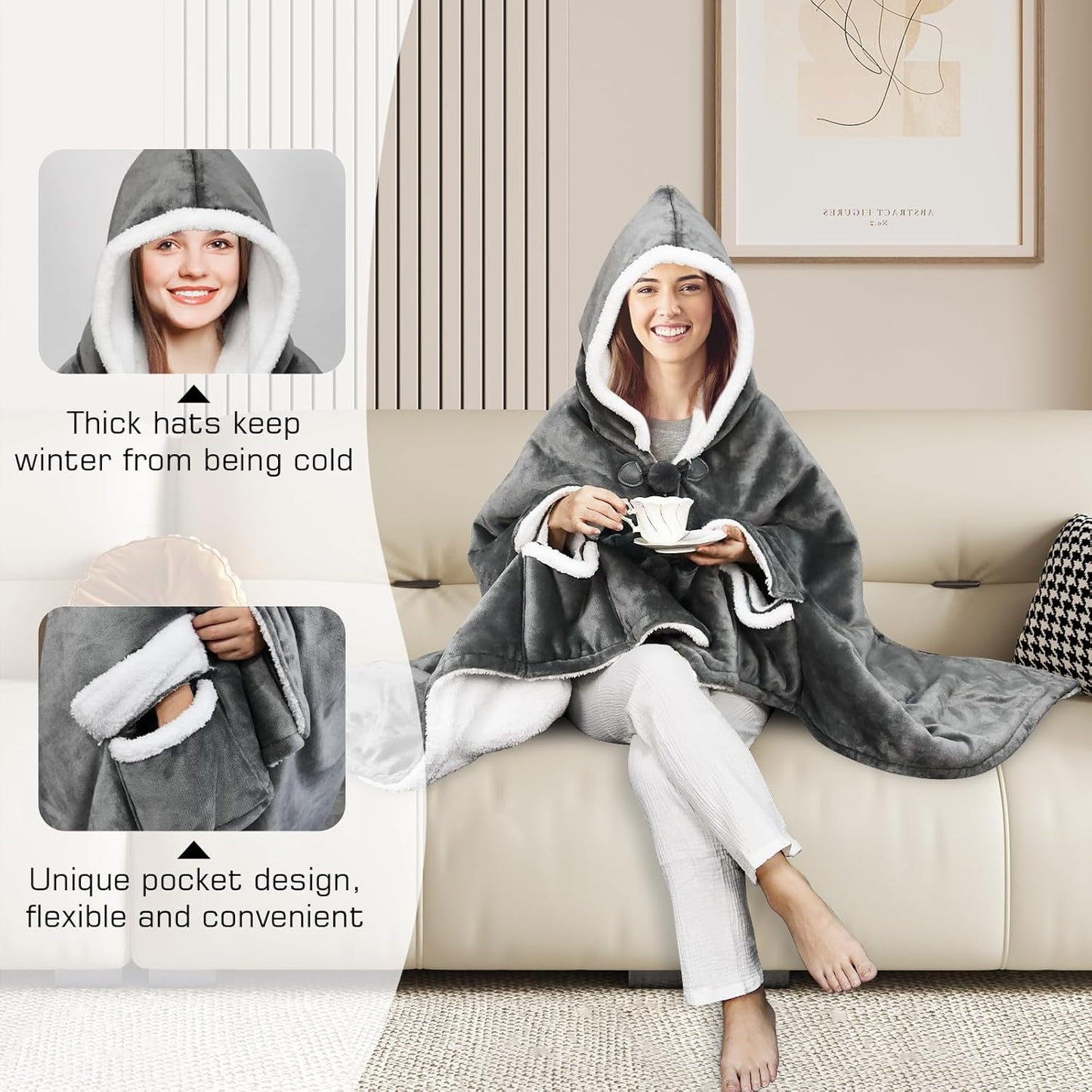 Heated Blanket Wearable Shawl, Electric Heated Wrap Poncho Shawl 50 x 70 Inch with Pockets for Adult, Warm Sherpa Heating Throw with 3 Heating Levels & Multi Time Settings