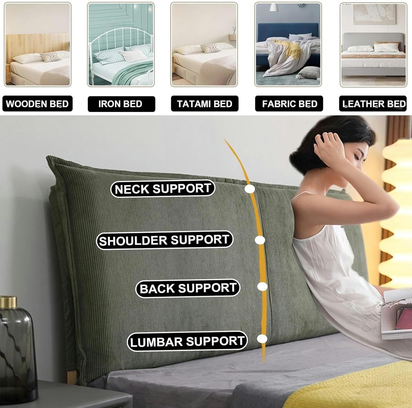 AMNOOL BedHead Upholstered Headboard Pillowboard Large Backrest,Corduroy Reading Pillow Wall Mounted Headboard Lumbar Support Cushion Daybed Tatami Bolster, Green