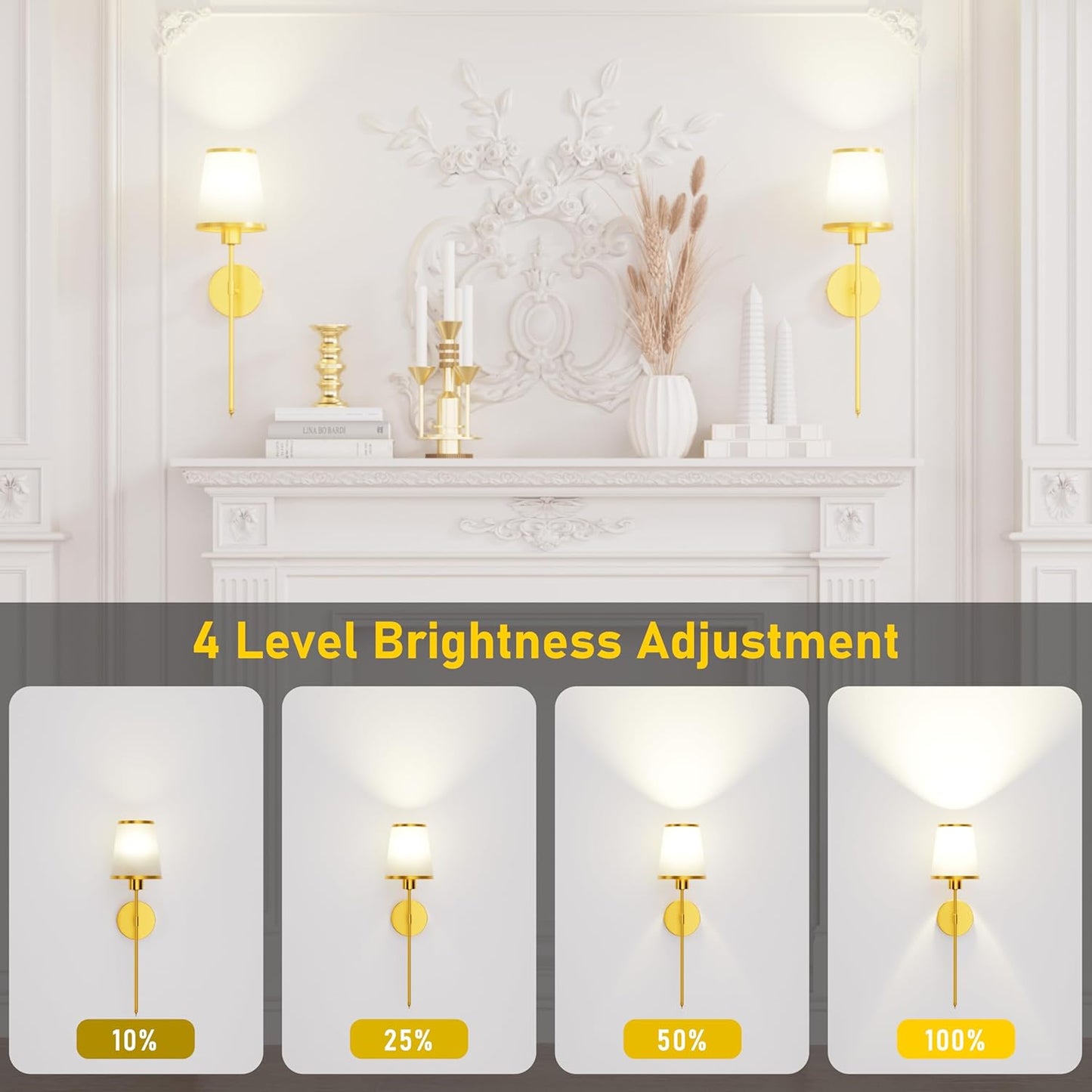 StarLume Battery Operated Wall Sconce Set of 2, LED Rechargeable Gold Wall Lights with 5200mAh Dimmable Bulbs and Remote,15 Colors Wireless Wall Lamps for Bedroom Living Room Hallway Decor