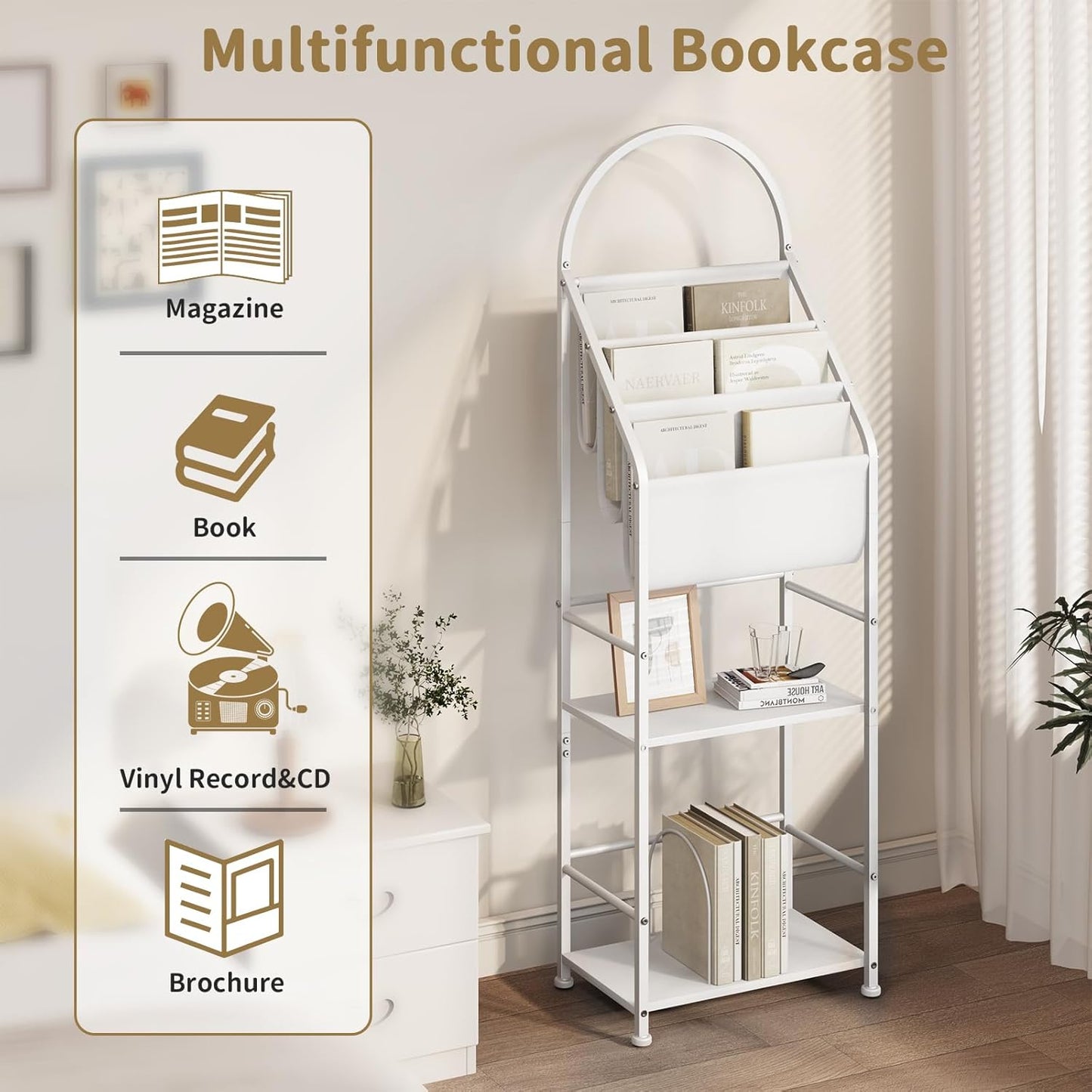 Bookshelf with 3 Tier Vinyl Holder Display Shelf, Record Storage Organizer Rack Cabinet for Book Magazine, Tall Industrial Open Book Shelves with Metal Frame for Living Room (White)