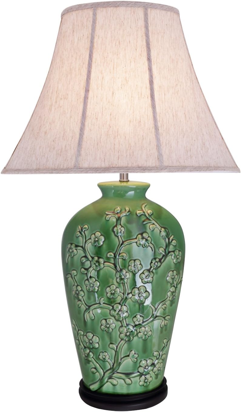 Aspen Creative 40013, 33 1/2" High Traditional Ceramic Table Lamp, Green with Dark Brown Wood Base and Oval Bell Shaped Lamp Shade in Off White, 20" x 11" Wide