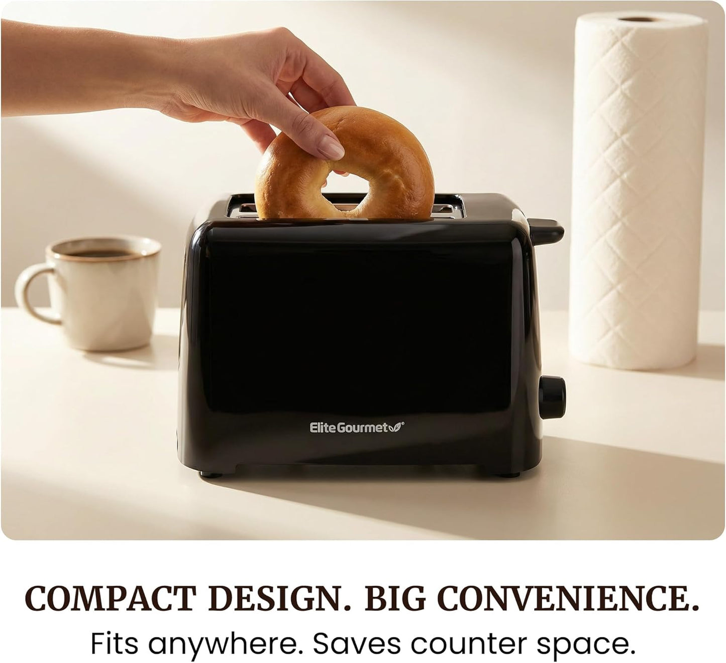 Elite Gourmet 2-Slice Cool Touch Toaster – 6 Browning Levels, Extra Wide 1.25” Slots for Bagels & Thick Bread, Cancel Function, Compact, ETL Certified, Black