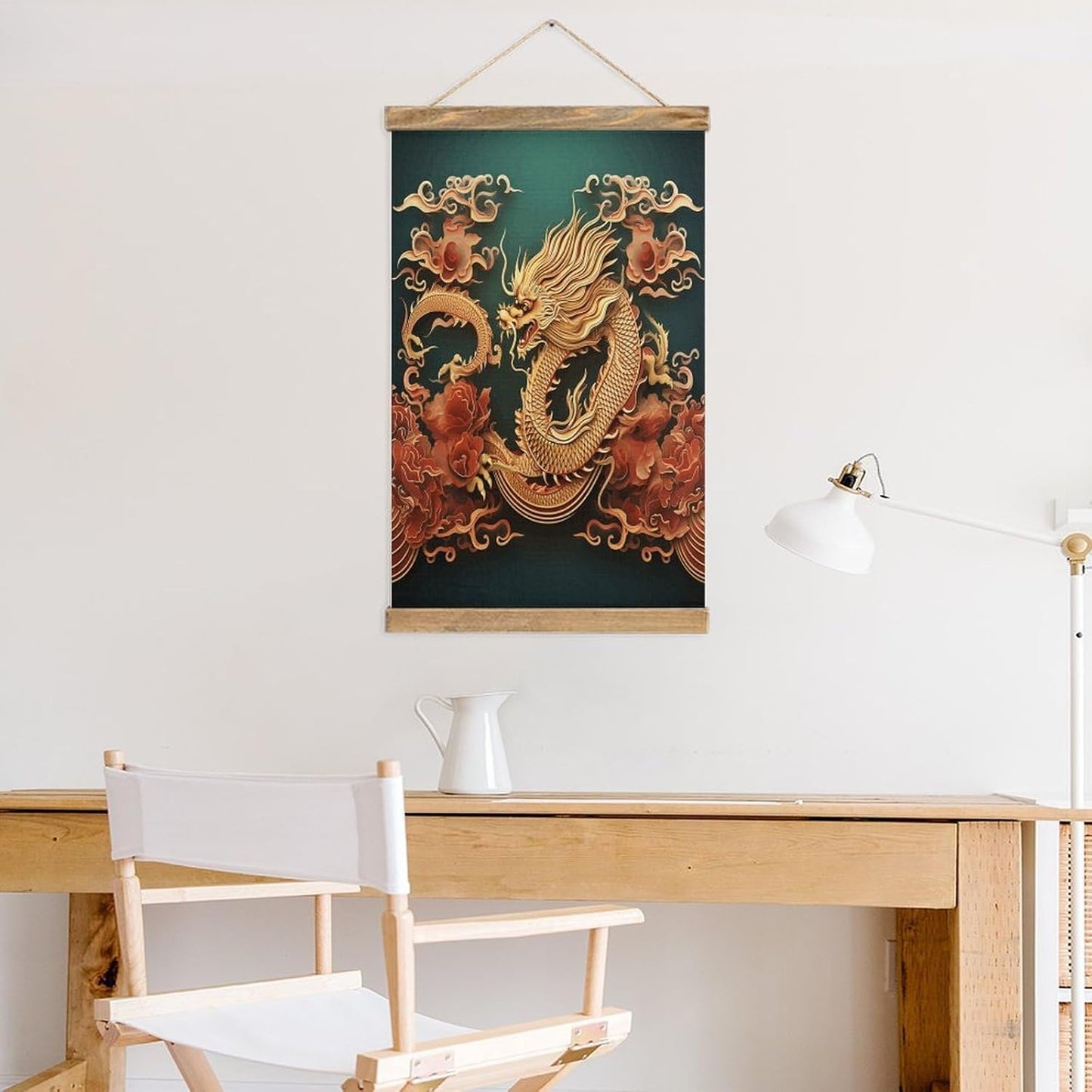 Vintage Dragon Chinese Background Poster with Wooden Frame Personalized Linen Hanging Scroll Painting Rustic Wall Hanging Illustrative Modern Artwork Decor for Home Living Room Bedroom Office