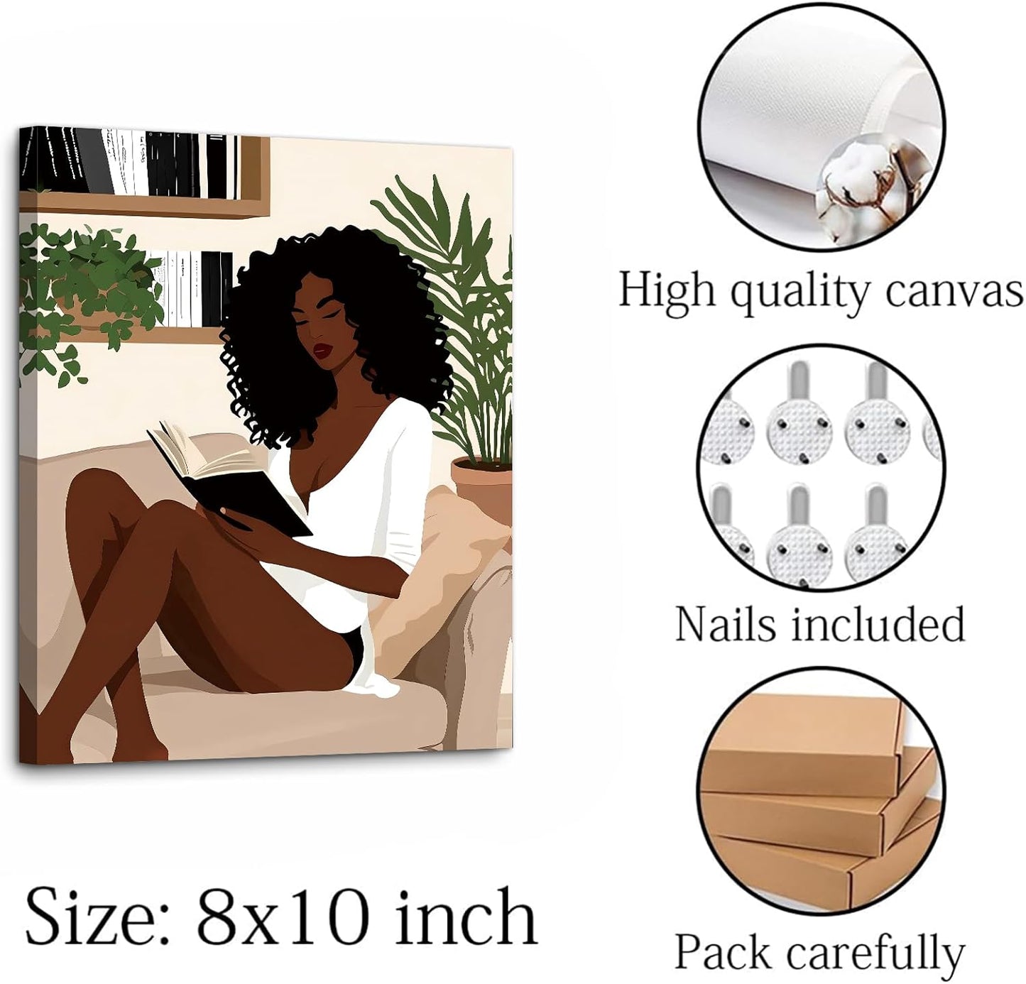 African American Books Wall Art Prints,Framed Black Girl Reading Canvas Poster,Book Lover Painting Artwork,Modern Black Woman With Book Art Wall Decor for Bedroom Living Room,Set of 4(8"X10"