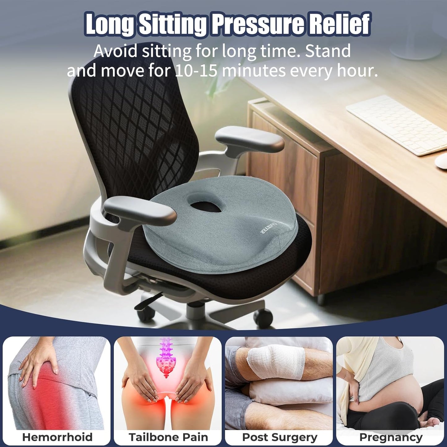 SAHEYER Donut Pillow for Tailbone Pain Relief and Hemorrhoids, Memory Foam Donut Cushion for Sciatica Nerve, Seat Cushion Butt Pillow for Men Women at Home Office Chair Car Long Sitting Comfort, Gray