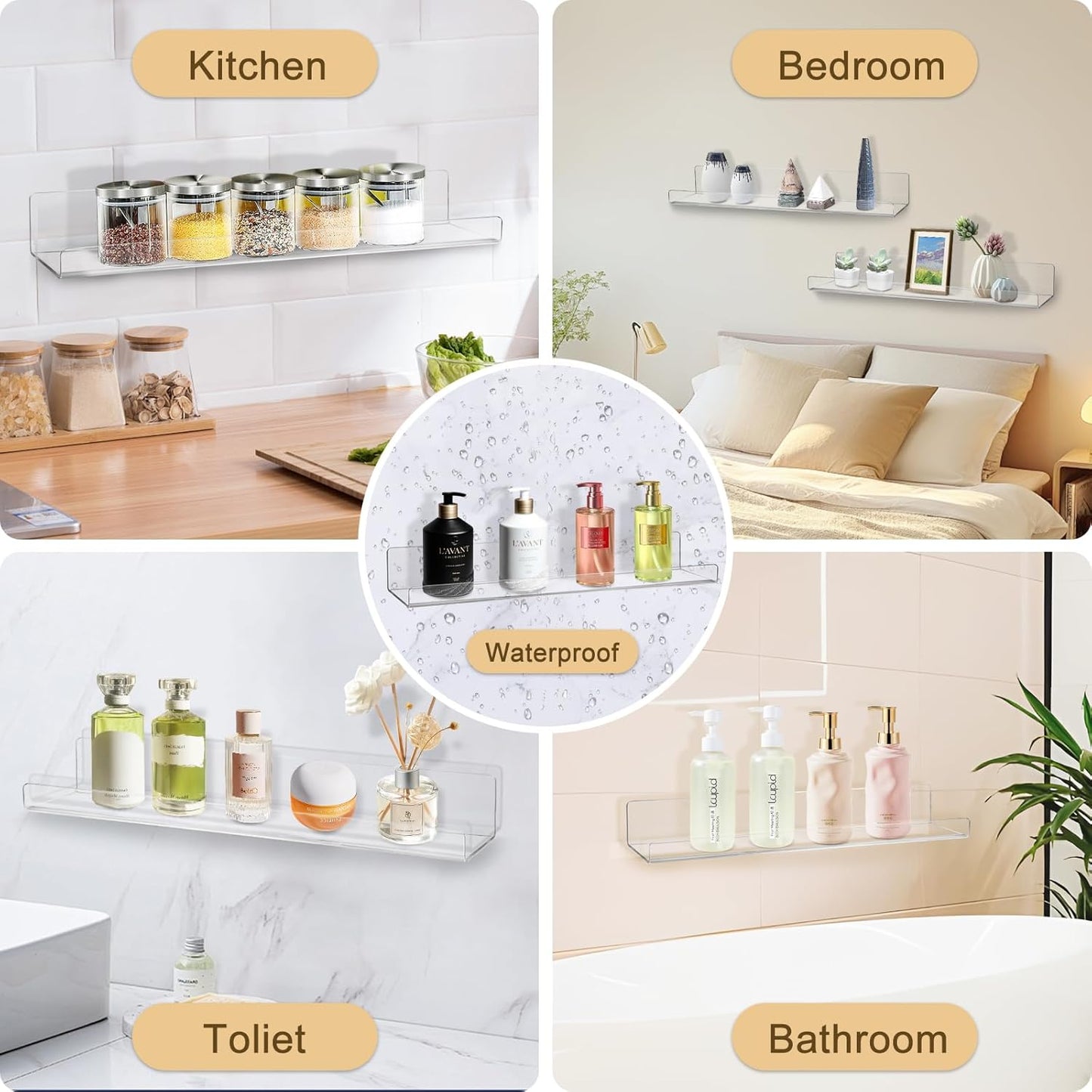 Acrylic Floating Shelves for Wall 6 Pack, 15" Acrylic Shelves for Room Decor, Book Shelf for Kids, Clear Hanging Display Shelf Organizer for Kitchen, Bedroom, Bathroon Organizers and Storage