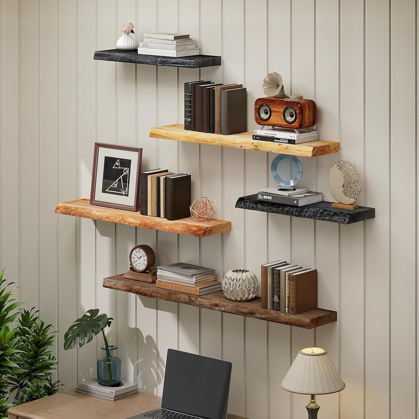 SAUMONIERES Live Edge Floating Shelves for Bedroom Living Room Wall Mounted Storage Long Natural Elm Wood Shelf Large Heavy Duty 8 Inch Deep, 24 inch Set of 2 Walnut Floating Shelves