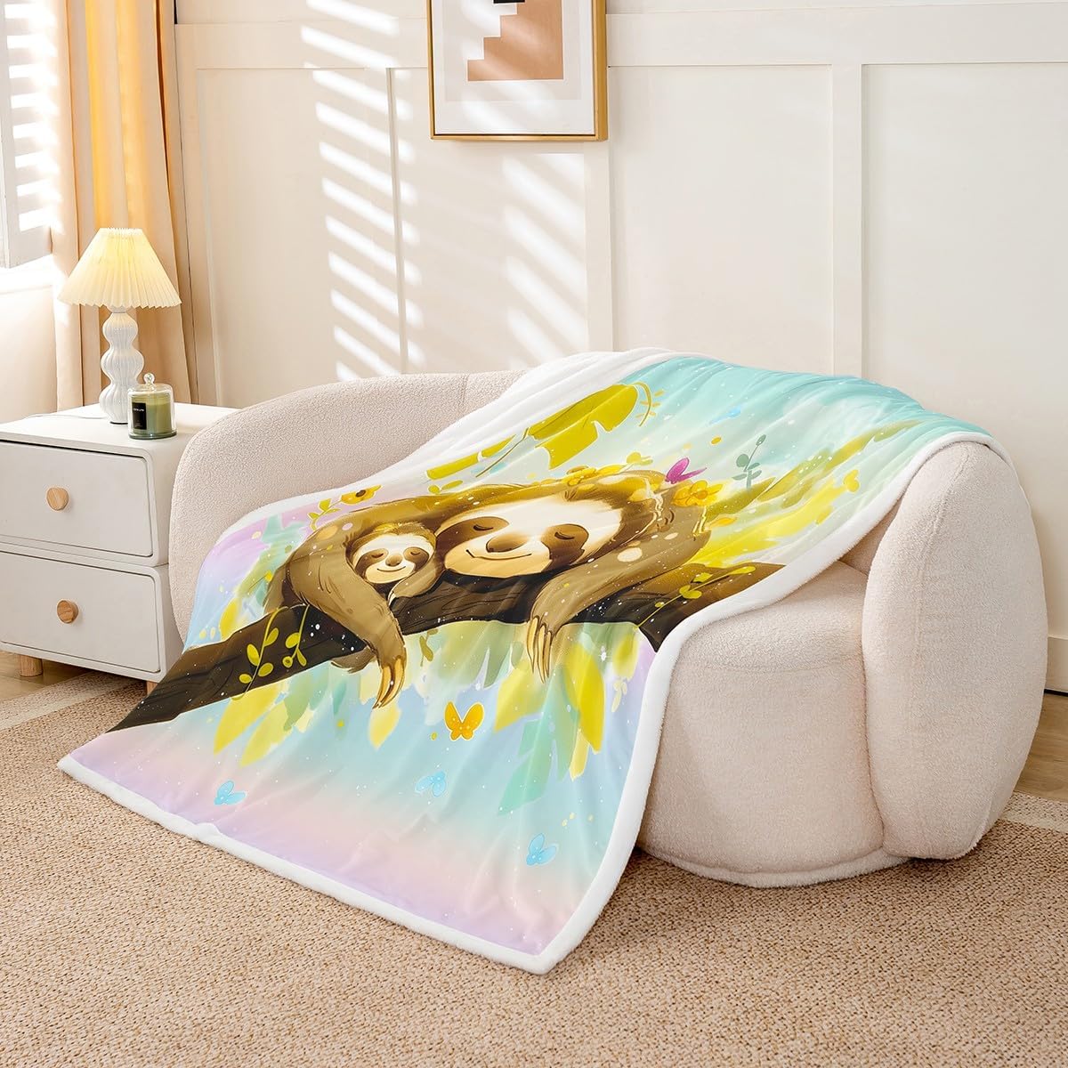 Feelyou Cute Sloth Sherpa Blanket Yellow Floral Animal Sloth Fleece Throw Blanket for Kids Boys Girls Cartoon Sloth Plush Blanket Sloth Fuzzy Blanket for Sofa Bed Couch 60"x80"