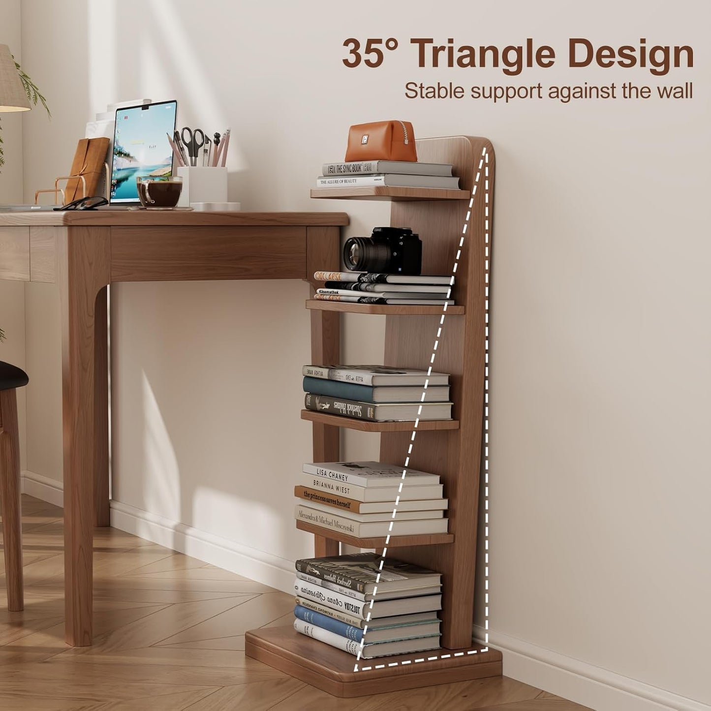 WoodsWhisper Narrow Bookshelf Ladder Bookshelf 5 Shelf Bookcase, Mid Century Modern Bookcase with Freestanding Display Shelves,Anti-tip Device and Thickened Base for Small Space,Living Room, Office