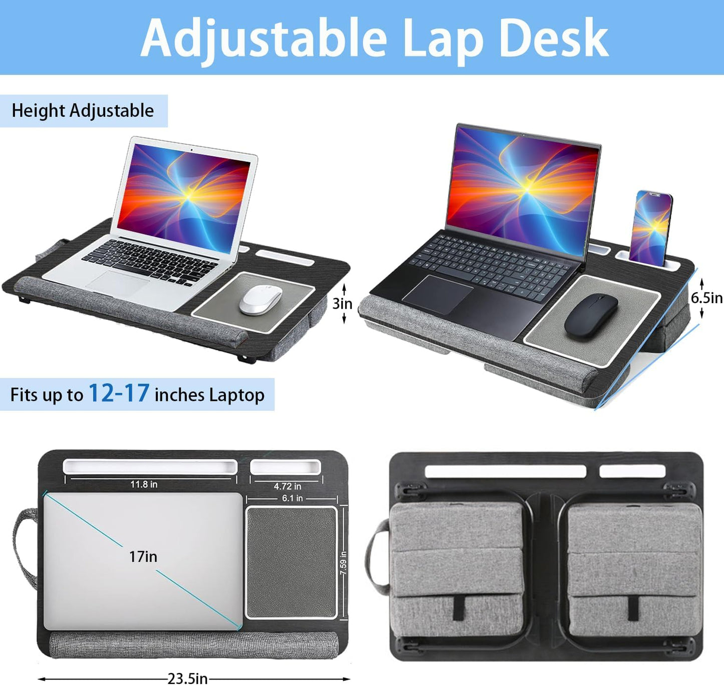 Laptop Lap Desk, Lap & Bed Desk with Adjustable Cushion, Fit up to 17" Laptop Stand for Couch, Foldable Computer Tray Table for Adults, with Wrist Rest, Tablet & Phone Holder, Mouse Pad