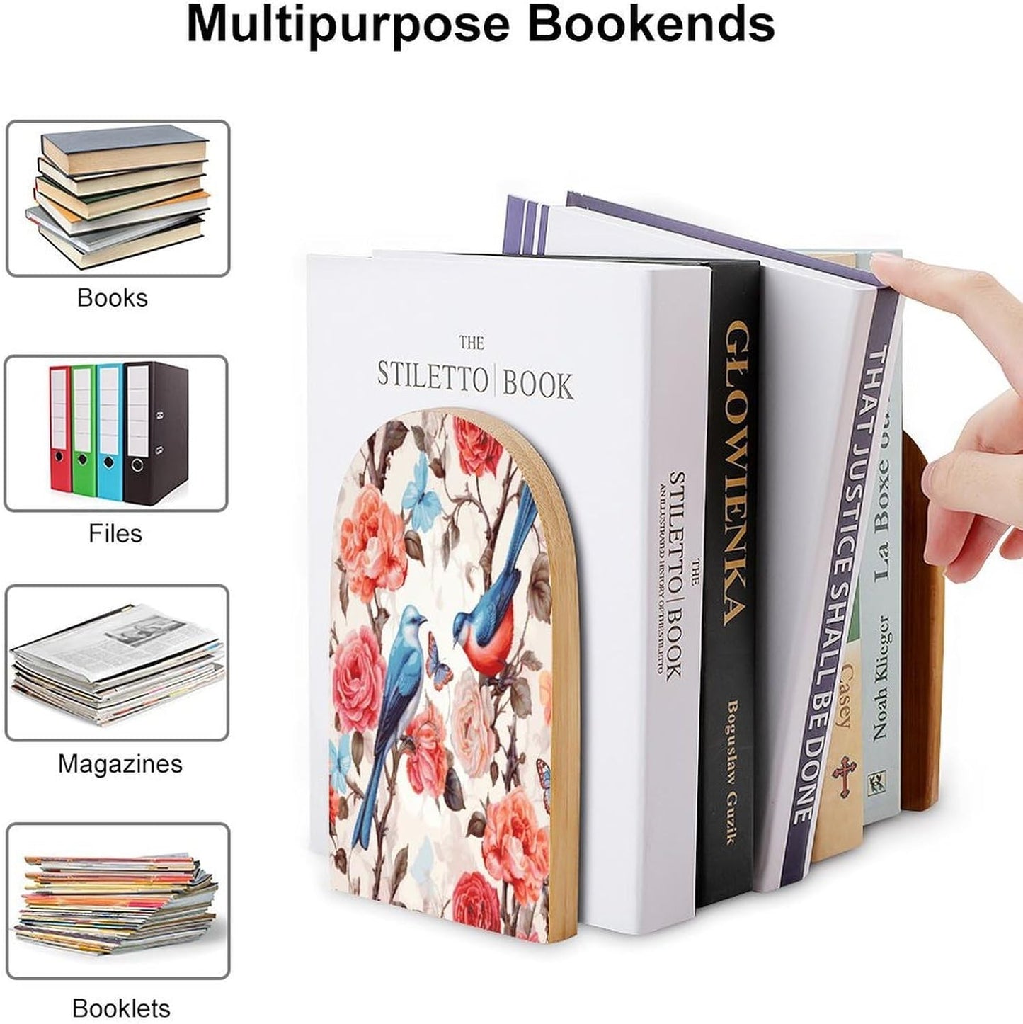 Romantic Fancy Floral Birds Butterfly Wooden Bookend Non-Slip Book Ends Heavy Duty Book Stopper with Metal Base Books Holderd Decorative Bookends Stands Firmly for Office Supplies