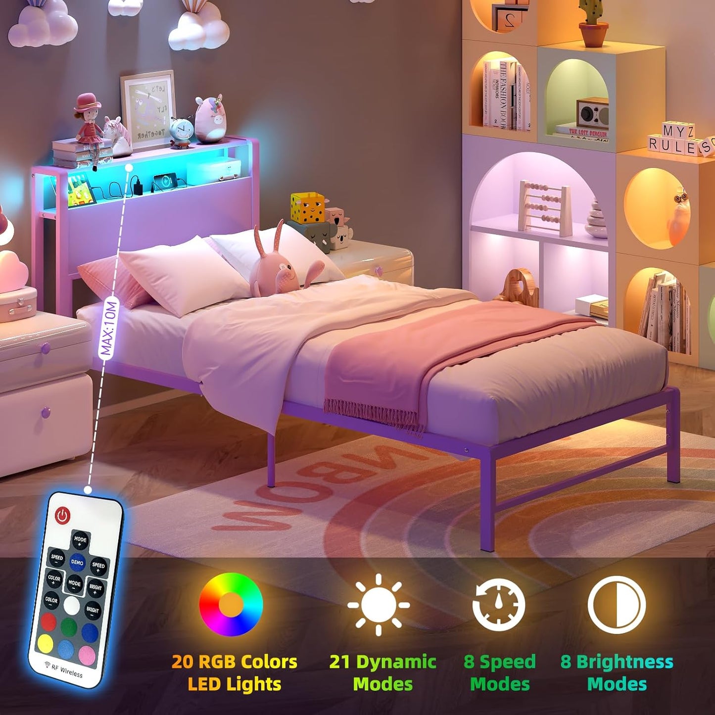 Weehom Twin Bed Frames with 2 Tiers Wood Storage Shelves Headboard, Twin Size Bed with Charger Stations and LED Light Under Bed Storage Space Platform Bed for Kids, Girls and Adults, Purple