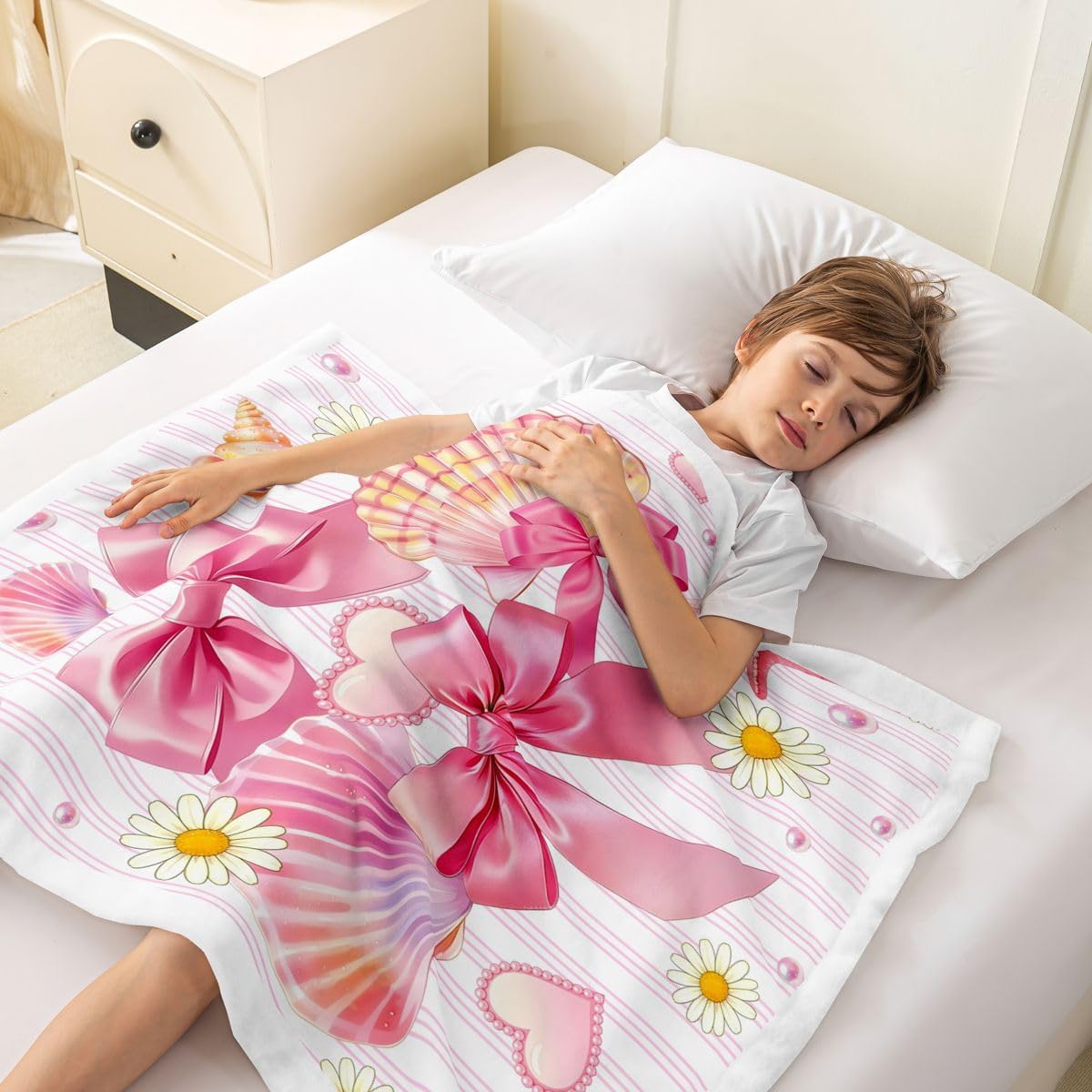 Feelyou Pink Bow Sherpa Throw Blanket for Couch Cute Super Soft Cozy Fleece Starfish Beach Blanket for Winter, Plush Throw Shell Throw 50"x60" Coastal Ocean All Season
