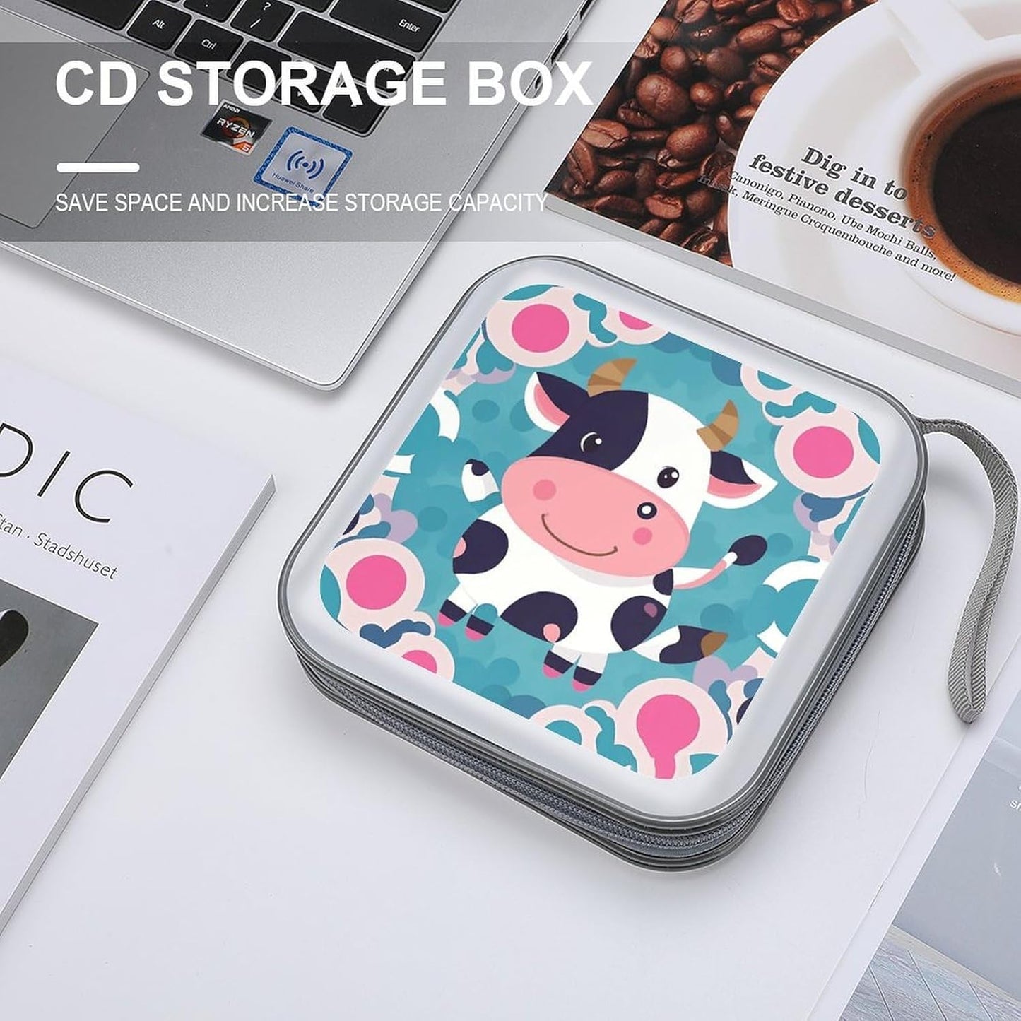 Cute Cow Polka Dot CD Case Portable Zipper CD Case 40 Capacity Hard Plastic DVD Cases Holder Large Storage Disc Wallet Bag for Car Home Travel DVD Collection Bag