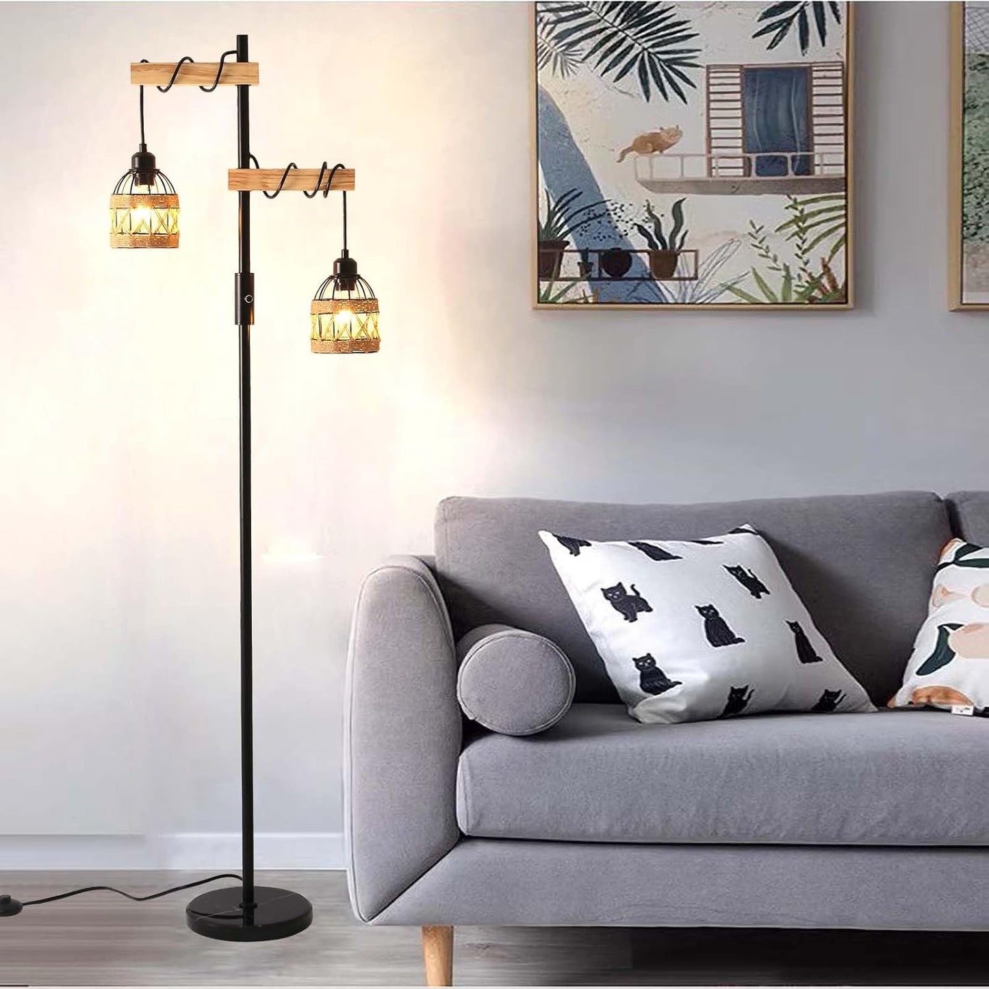 Dimmable Floor Lamp,Industrial Rustic Farmhouse Floor Lamp for Living Room Bedroom Office(Black)