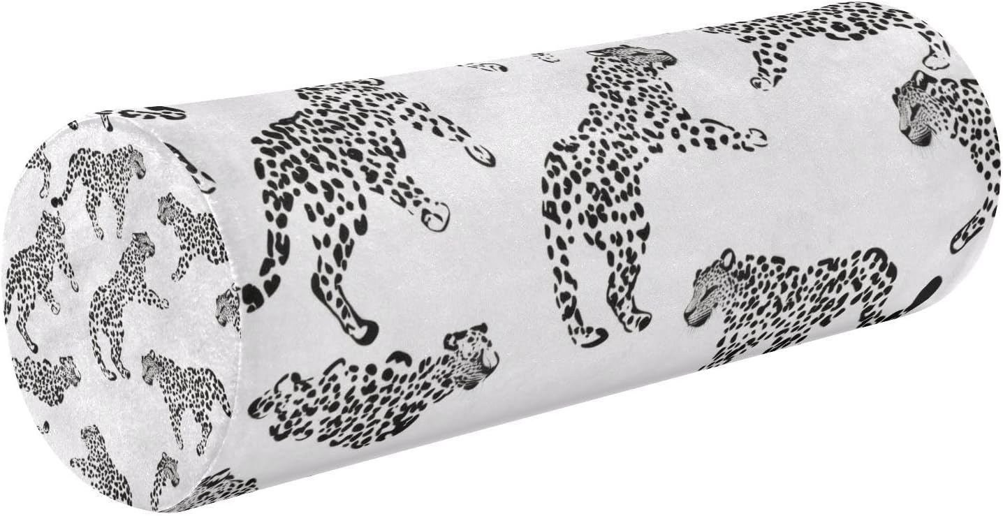 White Leopard Print Neck Roll Pillow - Extra Dense Memory Foam Round Cylinder Bolster for Cervical Support, Spondylosis, Neck Pain Relief