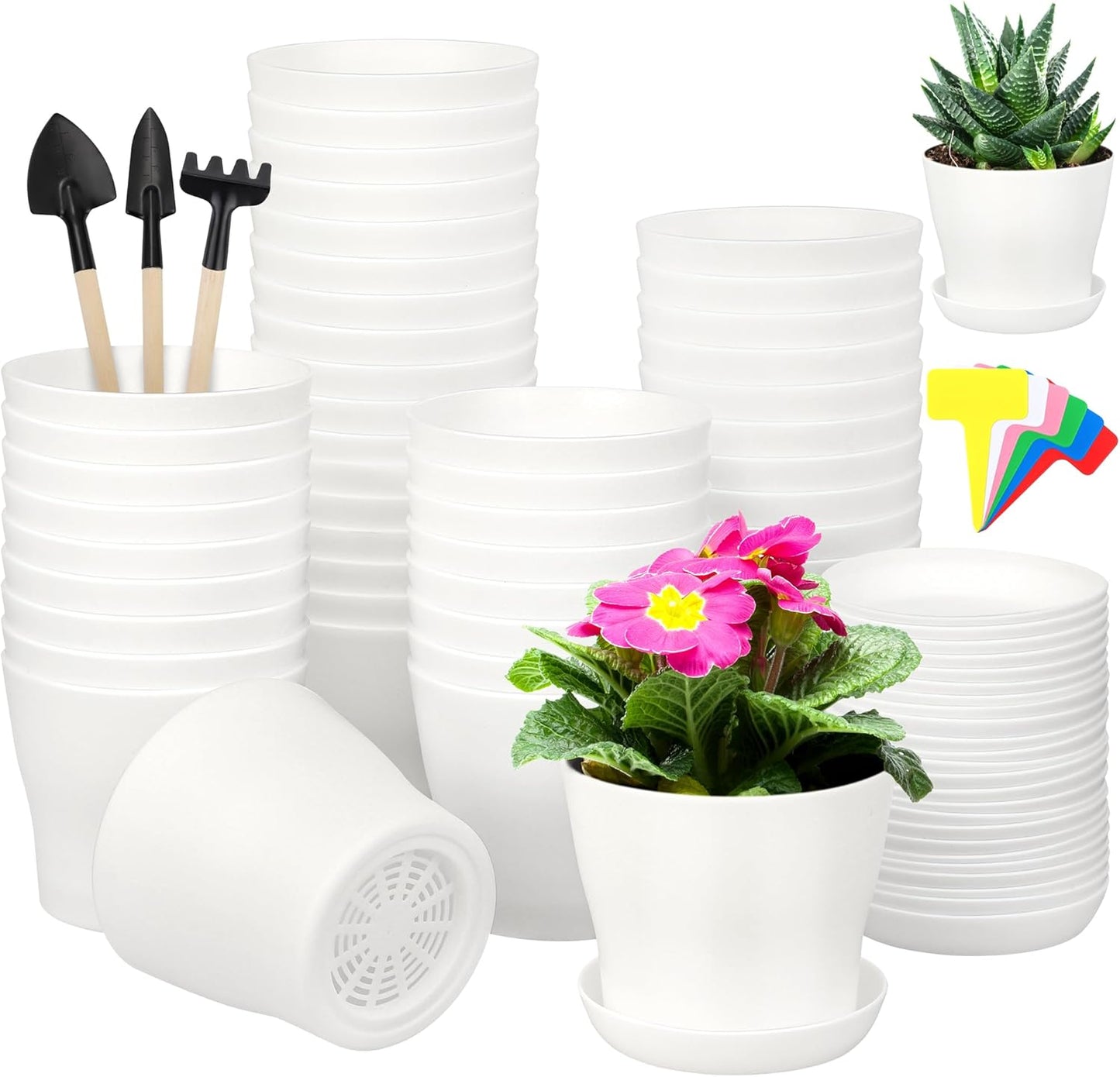 48 Pack Plastic Planters 4 Inch Flower Plant Pots Indoor Set Thickened Seedling Nursery Pots Seed Starting Pots with Drainage Holes Saucers, Mini Garden Tools for Home Office Garden, White