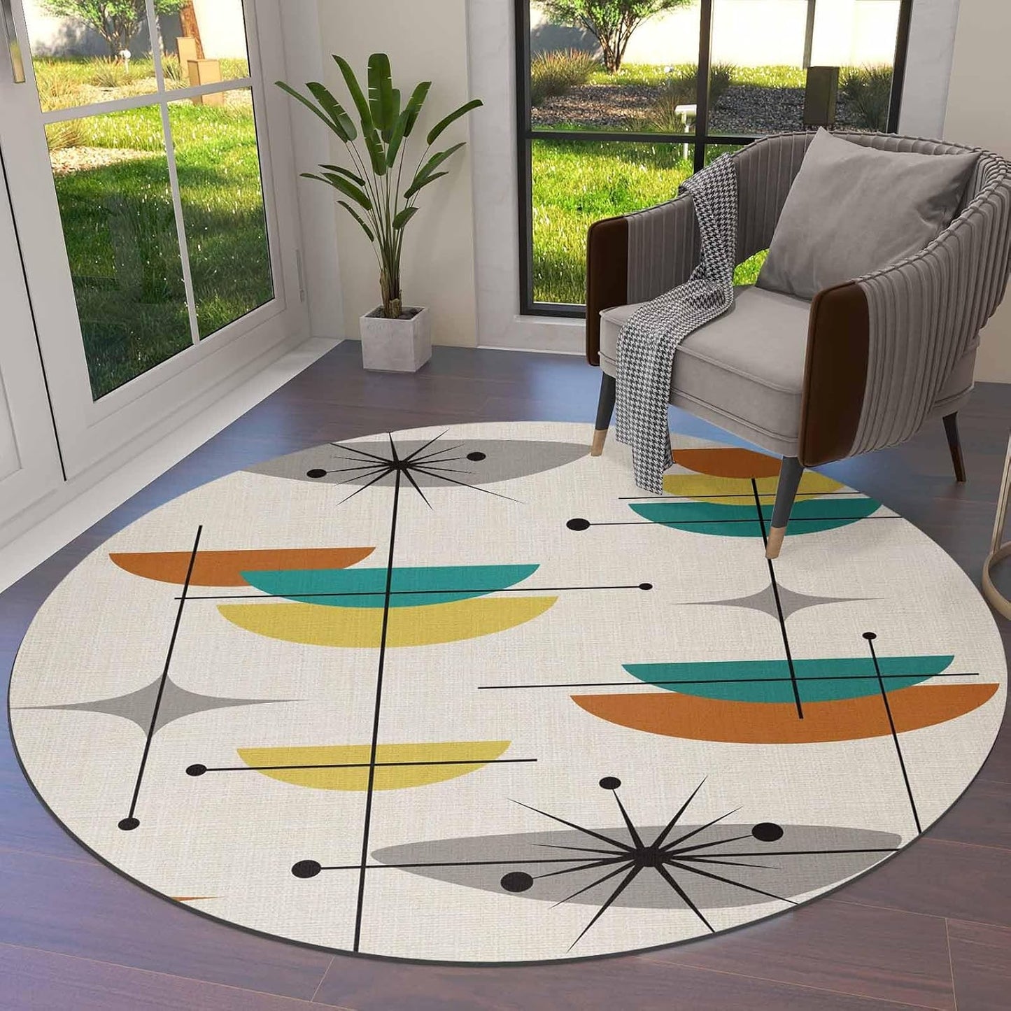 Mid Century Round Rug 3ft Abstract Orange Turquoise Yellow Throw Soft Area Rug Low Pile Non Slip Rug Carpet Washable Floor Mat for Living Room, Bedroom, Farmhouse, Office