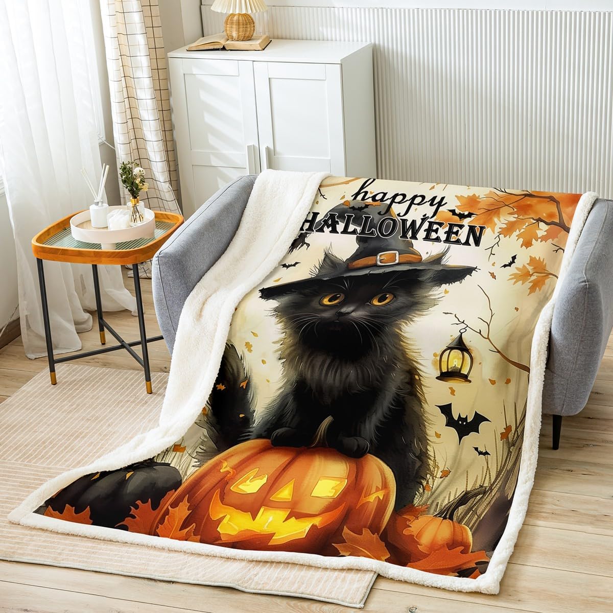 Cute Black Cat Bed Blanket Pumpkin Lantern Throw Blanket Lightweight Soft Cozy Luxury Happy Halloween Fleece Blanket Bat Leaves Flannel Blanket for Sofa Bedroom Office Travel All Season(Twin 60"x80")
