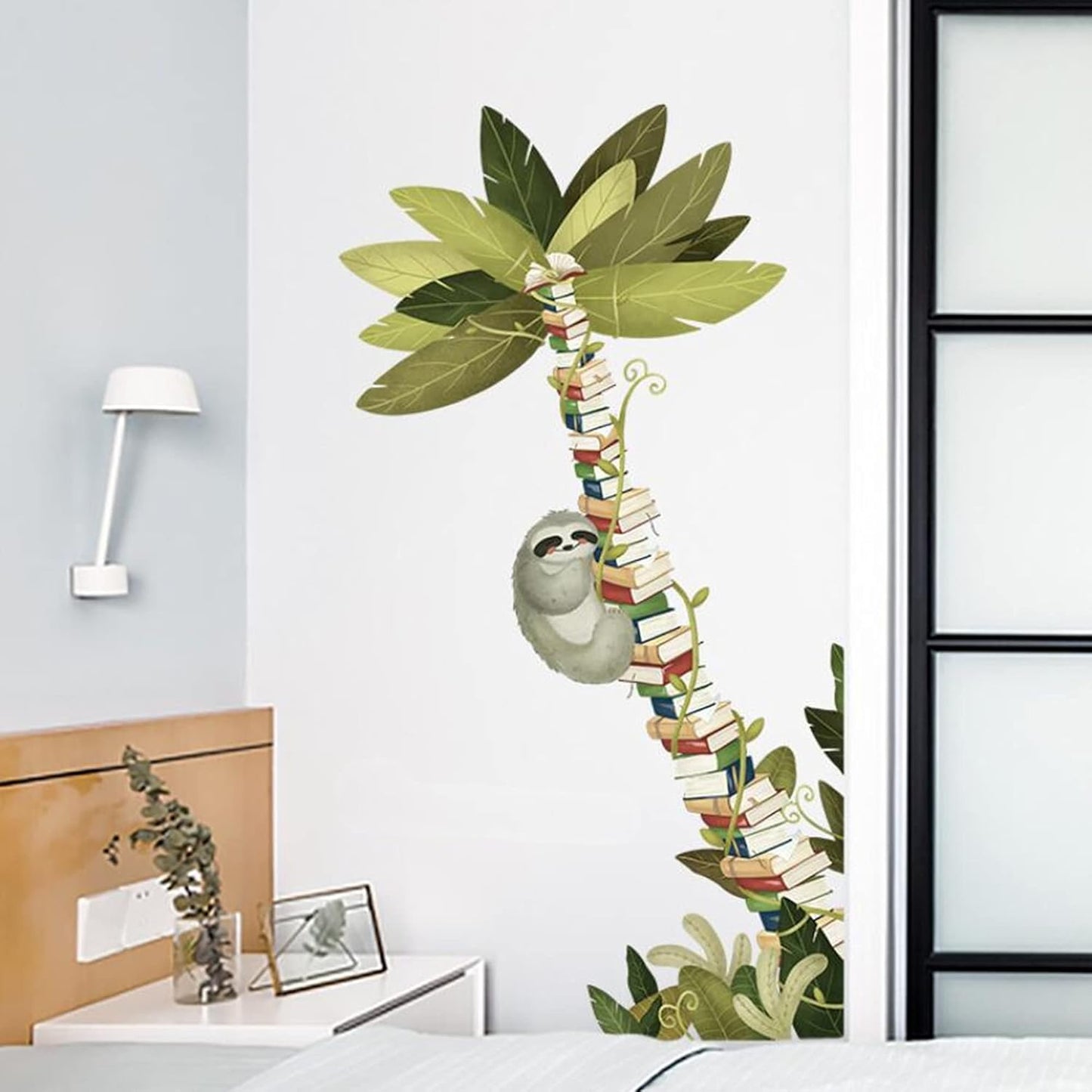 ROFARSO Large Tree Sloth Books Vinyl Wall Stickers Removable PVC Wall Decals Art Decorations Decor for School Library Bedroom Living Room Murals