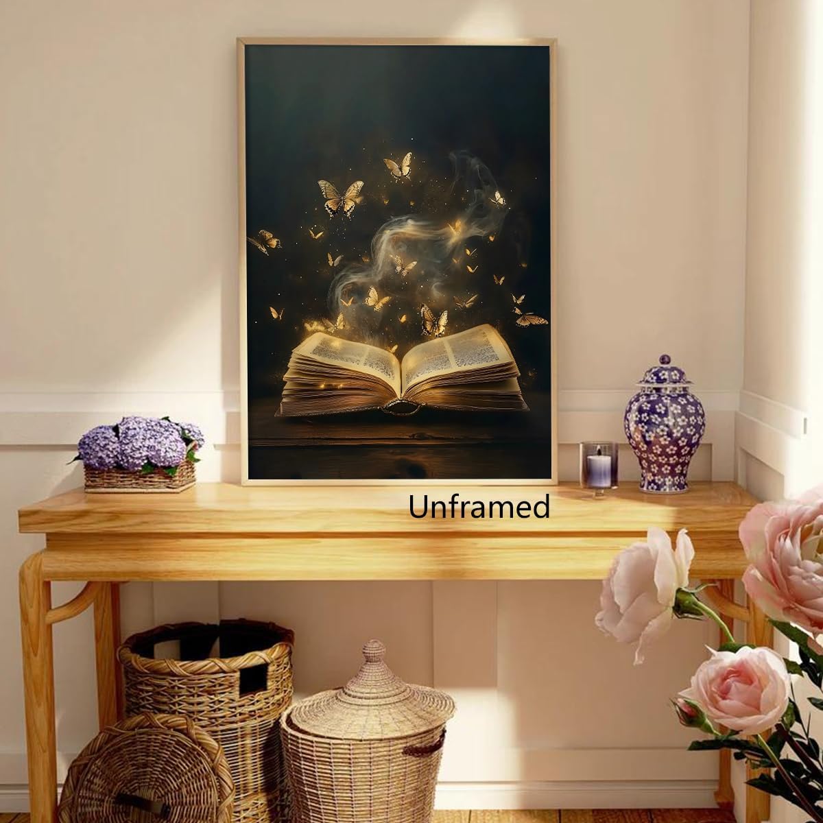 YOZWNGU Book Canvas Wall Art, Golden Butterflies and Open Book Aesthetic Poster, Dark Academia Library Reading Nook Print, Dark Romance Bookish Art Painting Gift for Read Lover 8x12in Unframed