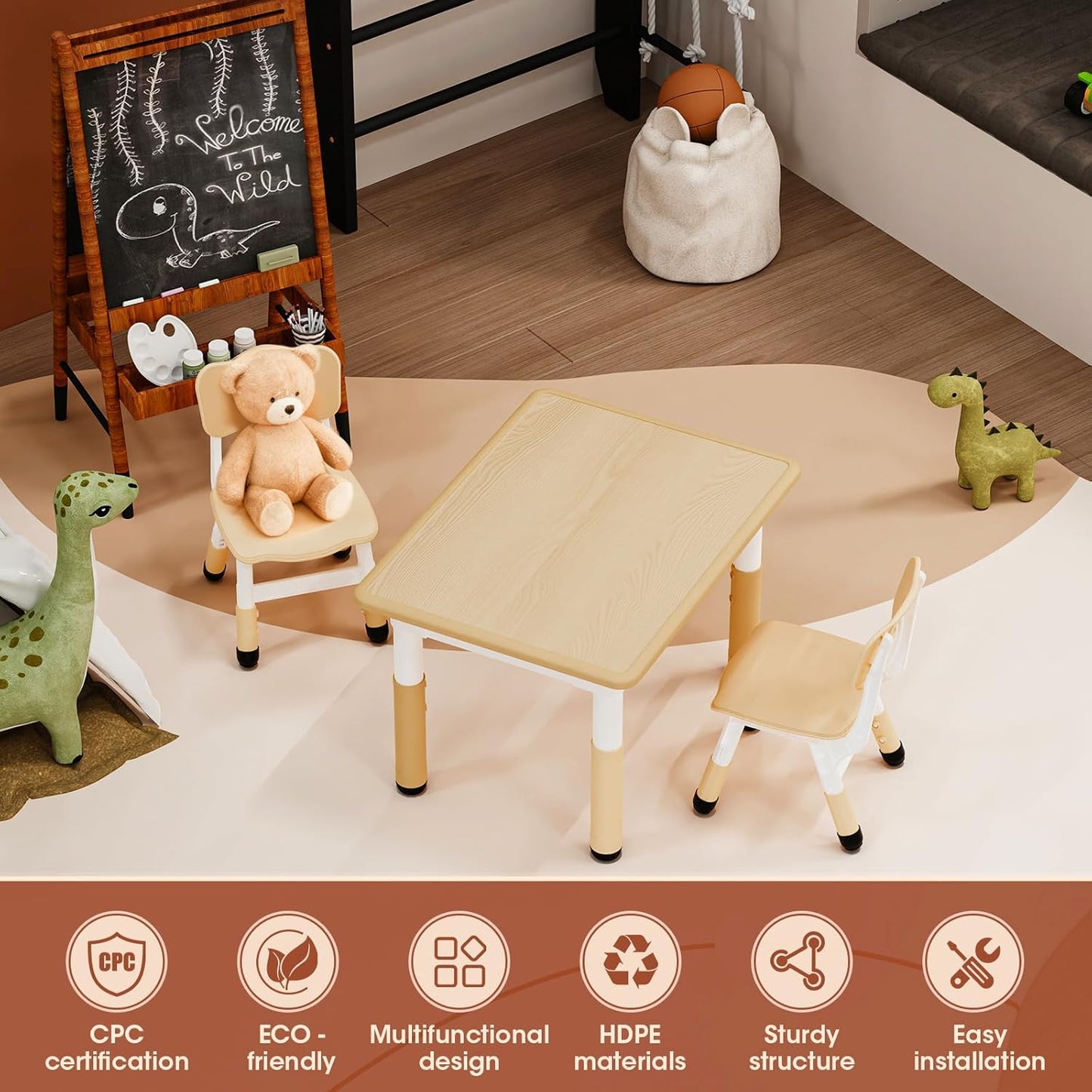 HLPB Kids Table and 2 Chairs Set, Adjustable Height, Graffiti Desktop, Non-Slip Legs, 31.5''L x 23.6''W Toddler Multi-Activity Table for Ages 2-8, Max 300lbs, for Daycare, Classroom, Home