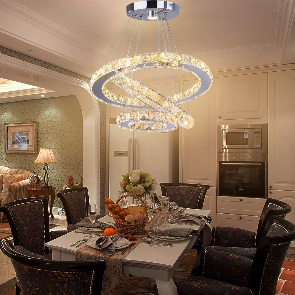 LED Chandeliers Modern Crystal 3 Rings Ceiling Lighting Fixture Adjustable Stainless Steel Pendant Light for Bedroom Living Room Dining Room(Warm White)